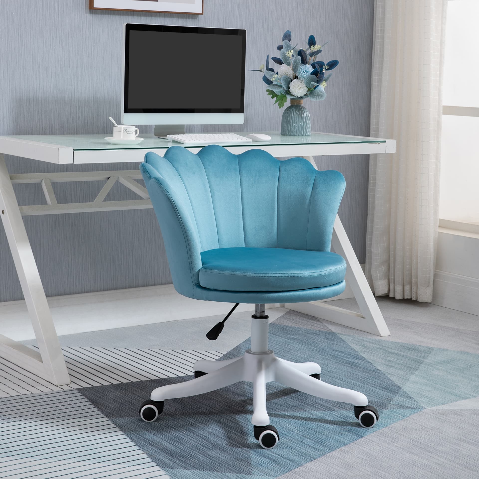 HOMCOM Mid Back Office Chair Velvet Fabric Swivel Scallop Shape Computer Desk Chair for Study, Blue - Desks - Office Furniture