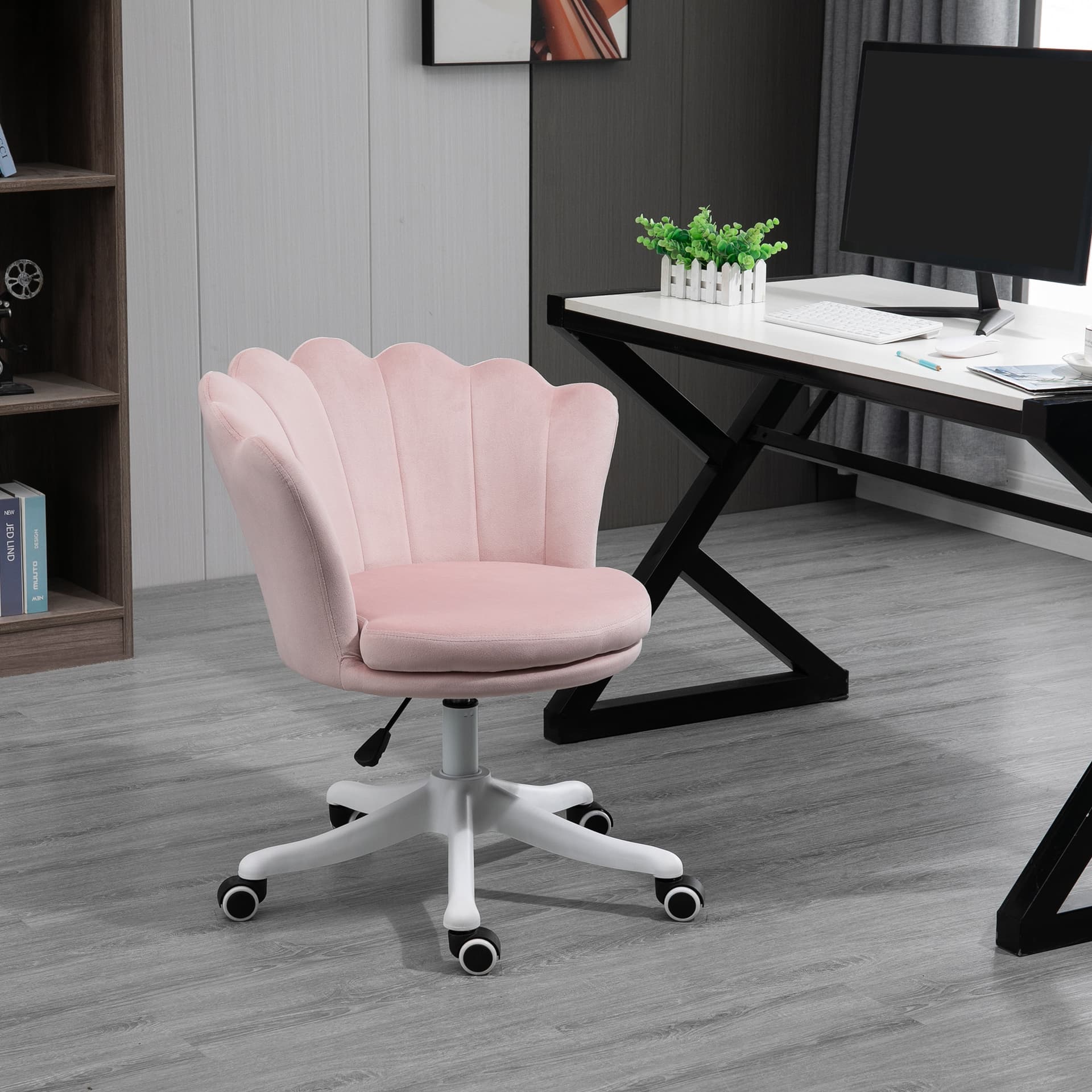 HOMCOM Mid Back Office Chair Velvet Fabric Swivel Scallop Shape Computer Chair for Study, Pink - Office Chairs - Office Furniture
