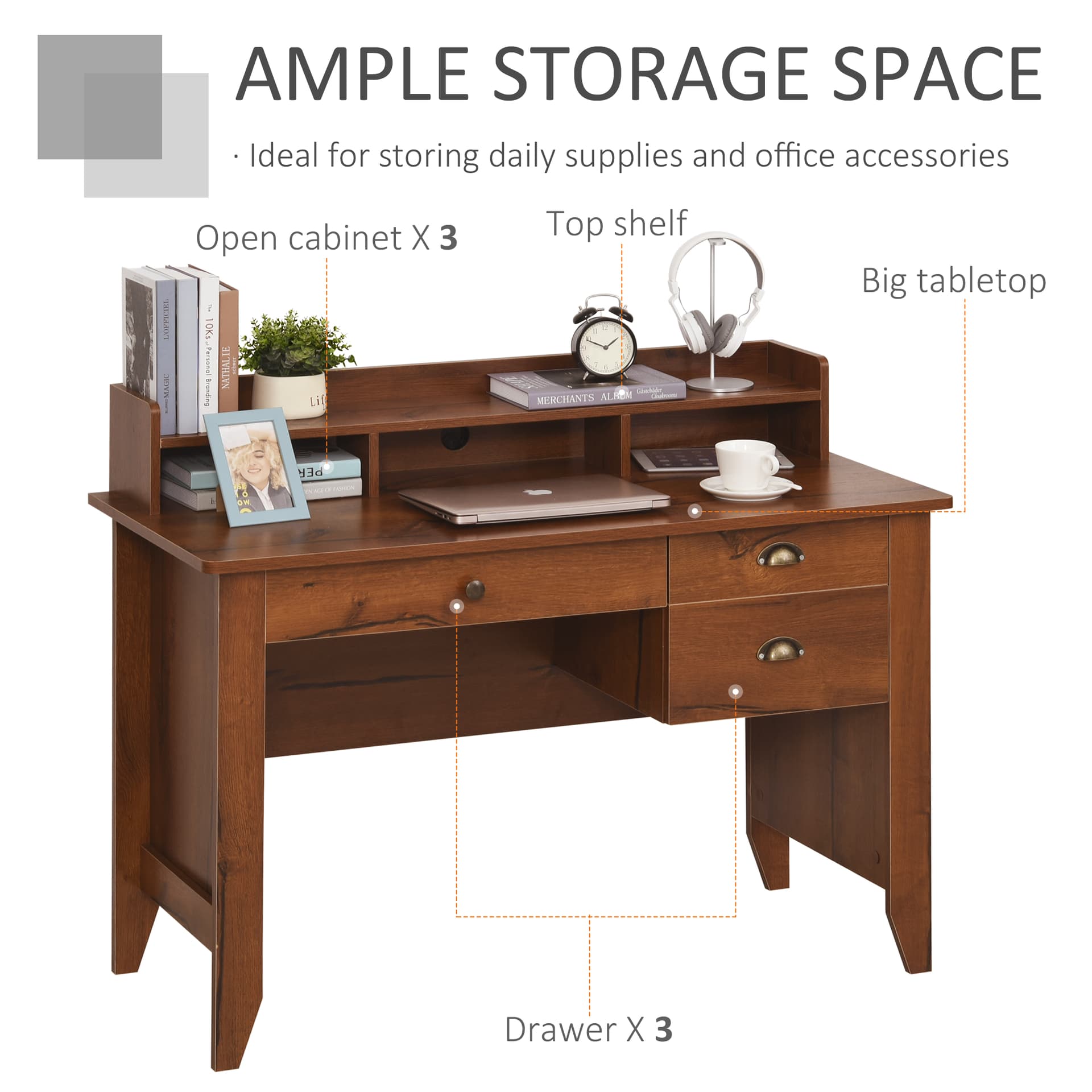 HOMCOM Computer Desk with Drawer,Storage Hutch,Home Office Writing Table Study Workstation, 47.25''x21.75''x36.25'', Brown - Desks - Office Furniture