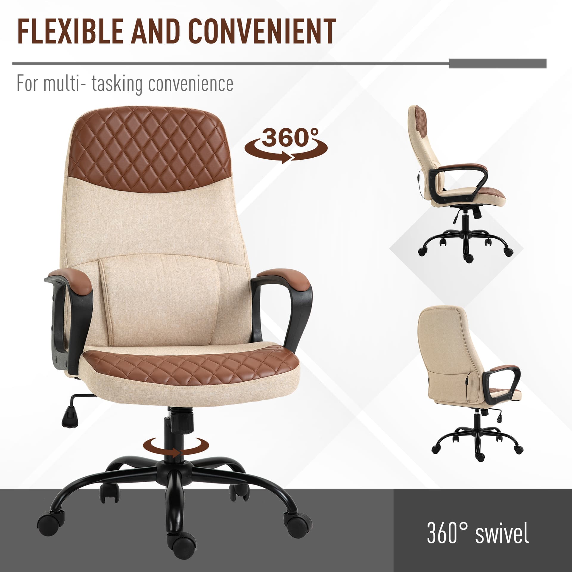 Vinsetto Massage Office Chair, Swivel Chair with 2-Point Vibration Lumbar, USB Power and Adjustable Height, Brown and Beige - Office Chairs - Office Furniture