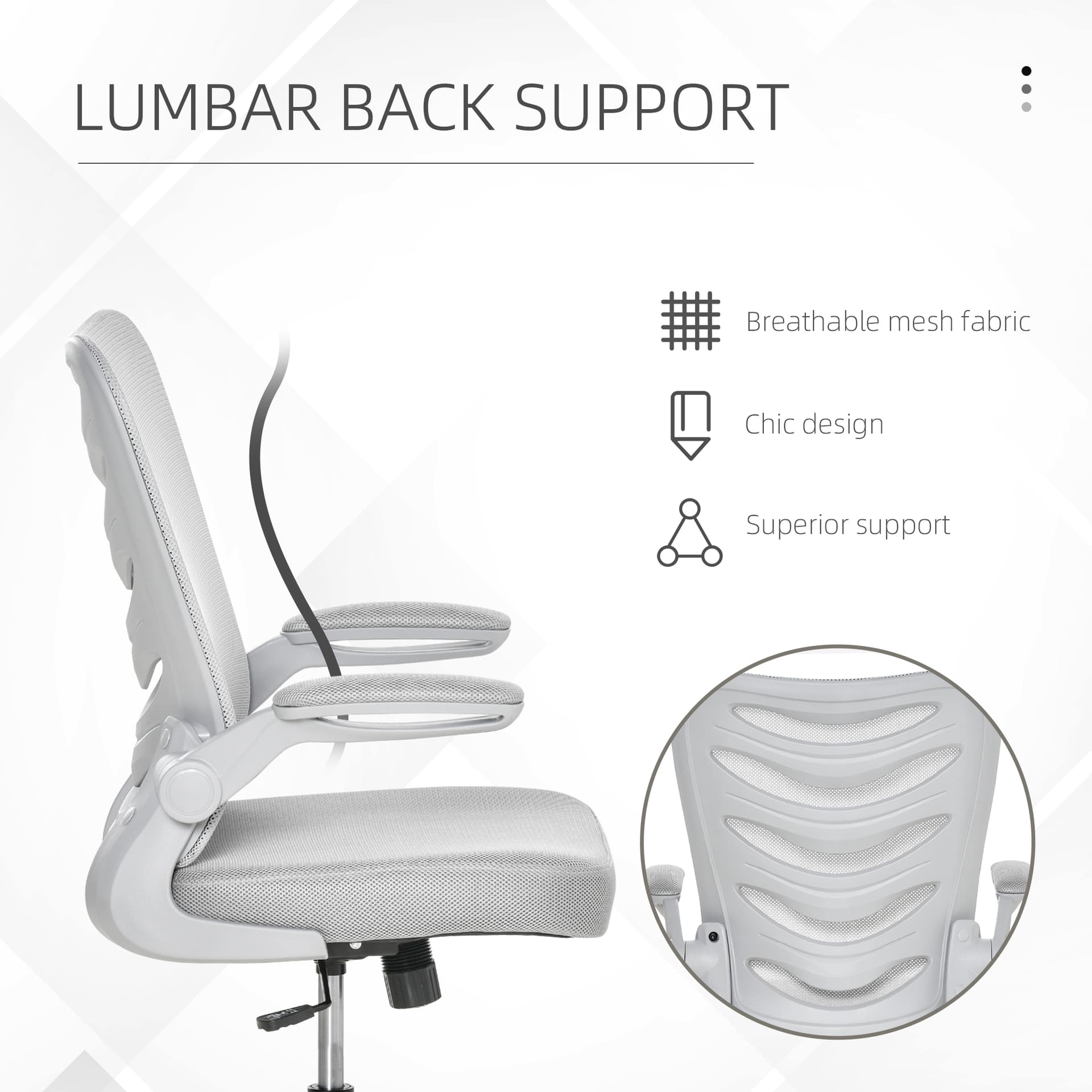 Vinsetto Mesh Home Office Chair Mid Back Task Desk Chair with Lumbar Back Support, Flip-Up Arm, Adjustable Height, Grey - Desks - Office Furniture