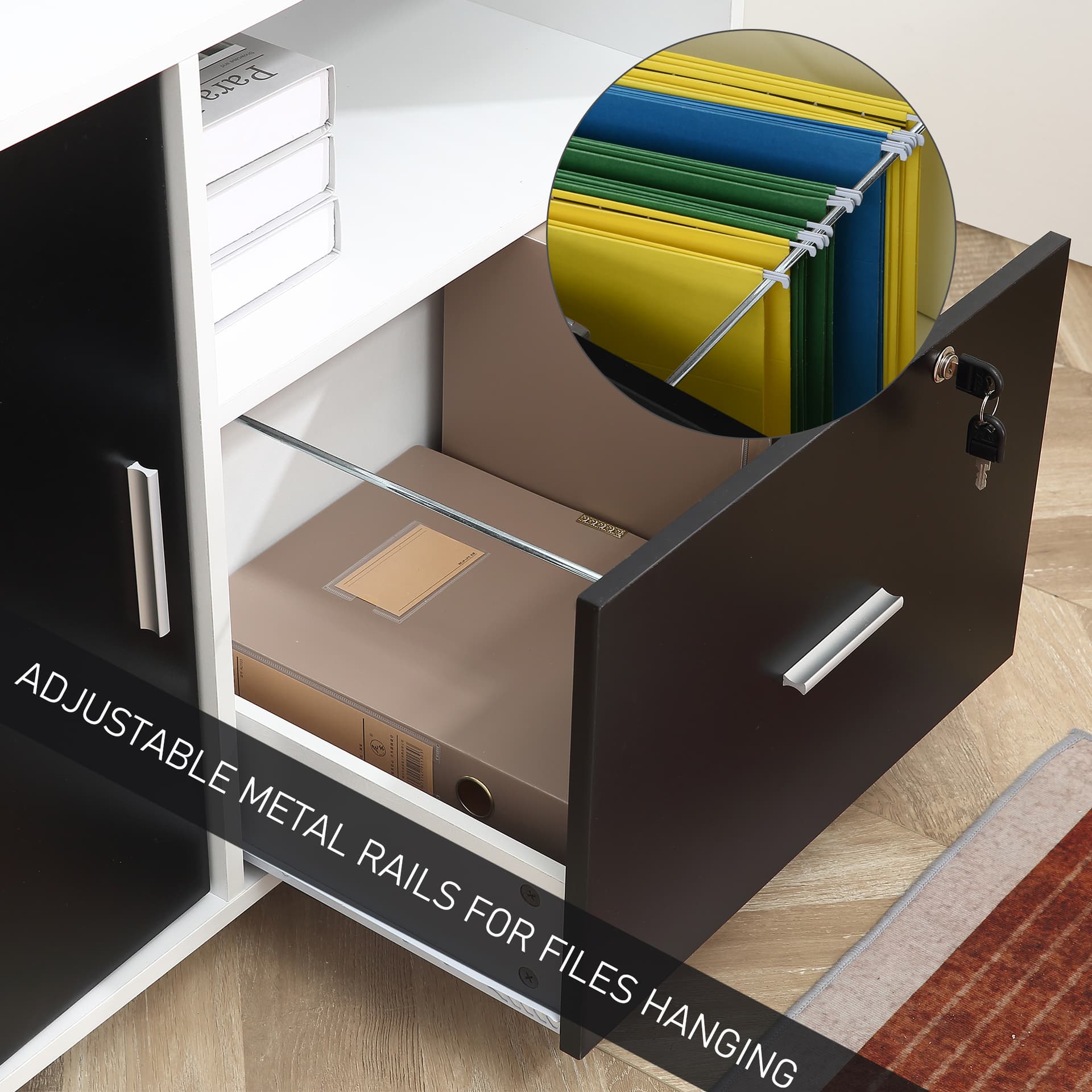 HOMCOM Rolling Office File Cabinet with Drawer for Legal Letter Sized Hanging Files Printer Stand with Shelf Wooden Documents Storage Chest for Home Office - Filing & Storage - Office Furniture