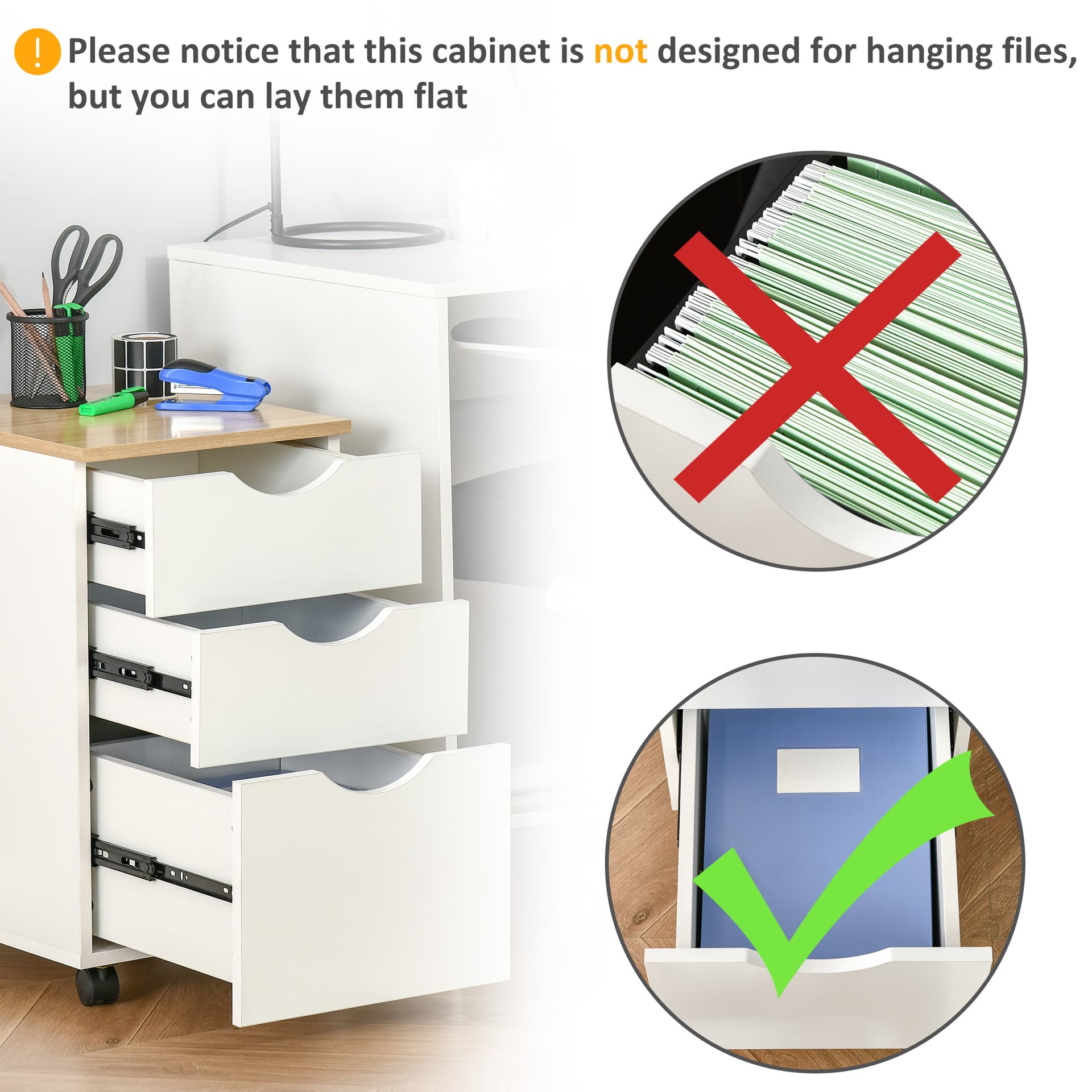 HOMCOM 3-Drawer Storage Cabinet with Wheels for Home Office, White and Natural - Office Products - Office Furniture