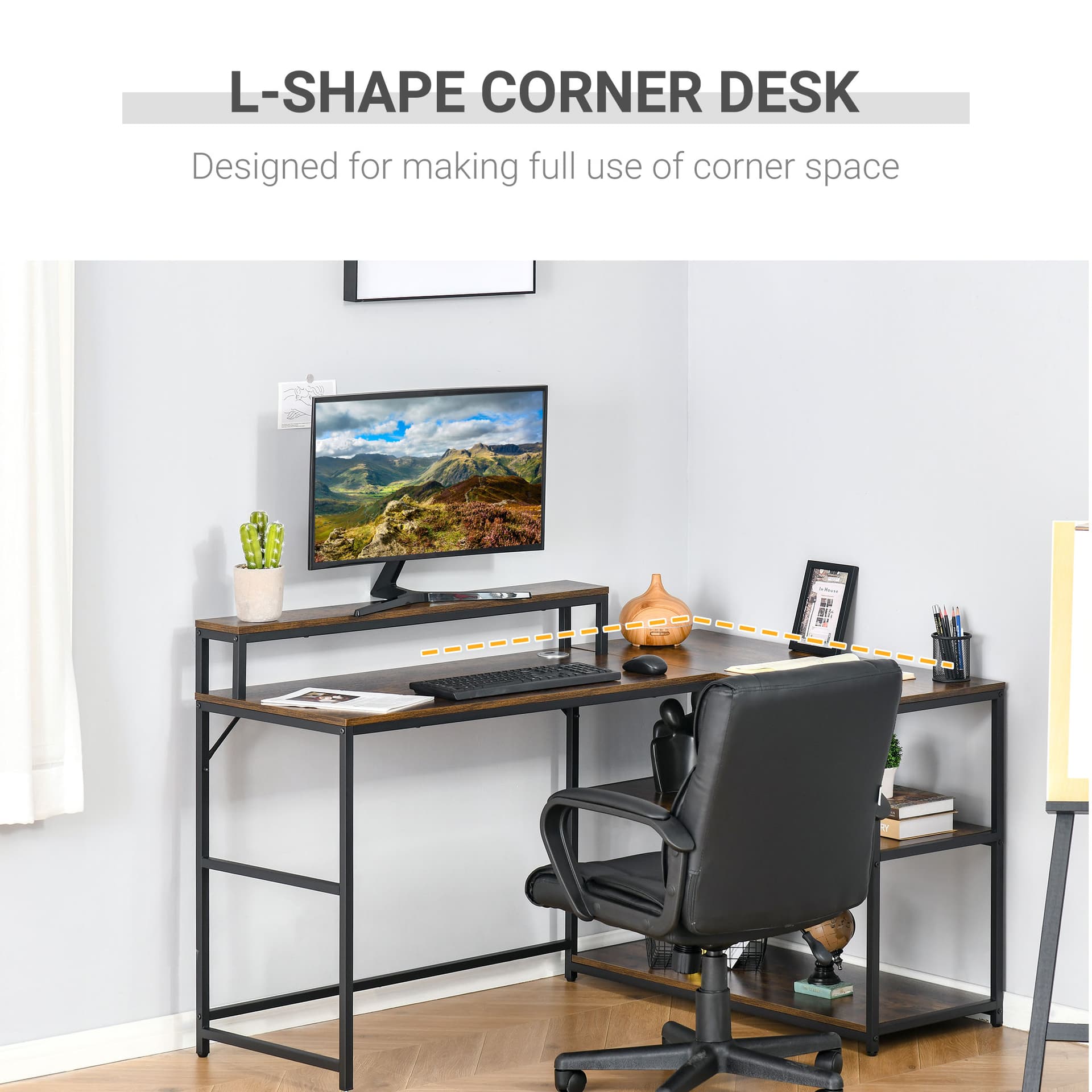HOMCOM L-Shaped Computer Desk Home Office Corner Desk Study Workstation Table with Storage Shelves Cable Grommet, Rustic Brown - Desks - Office Furniture
