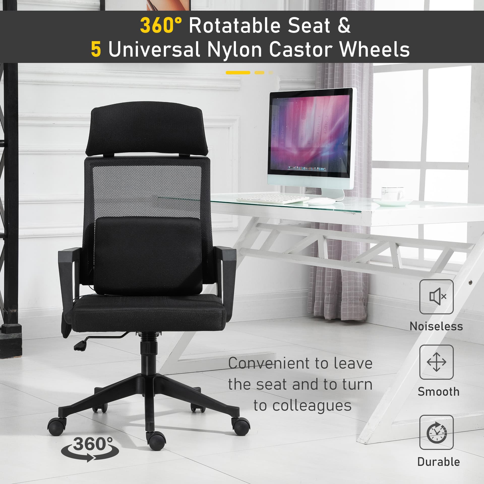 Vinsetto Office Chair High Back Mesh Desk Chair with 2-Point Vibration Massage Lumbar Support Pillow, Headrest, Ergonomic Swivel Back - Desks - Office Furniture