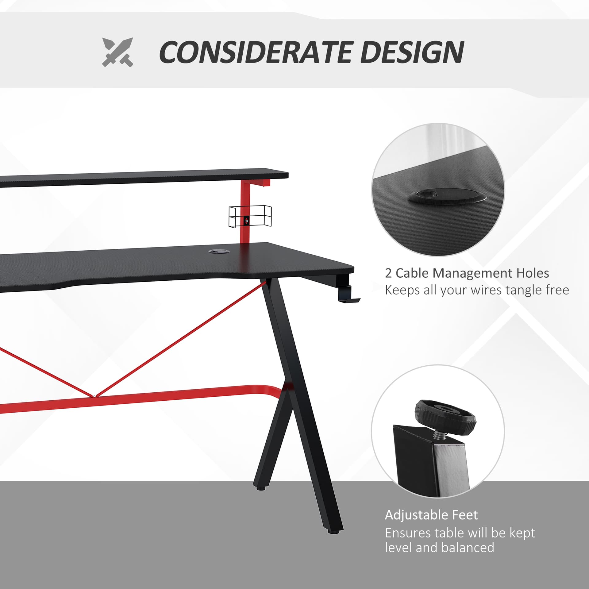 HOMCOM Gaming Desk Computer Table Racing Style for Home PC Workstation with Rotatable Cup Holder Gamepad Holder Speaker Stand Headphone Hook Wire Port 47.25" x 23.5" x 38.25" Black - Office Products - Office Furniture