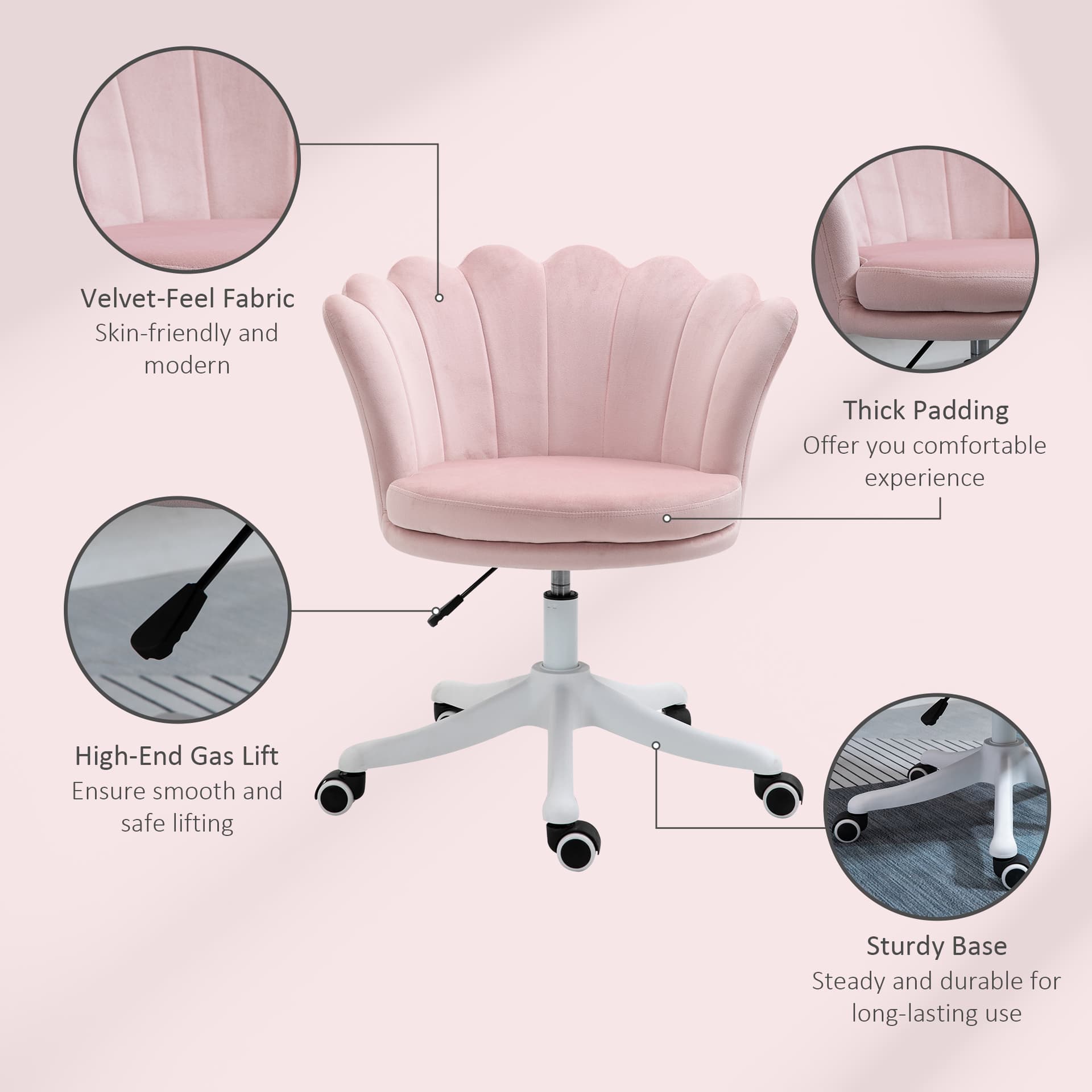 HOMCOM Mid Back Office Chair Velvet Fabric Swivel Scallop Shape Computer Chair for Study, Pink - Office Chairs - Office Furniture