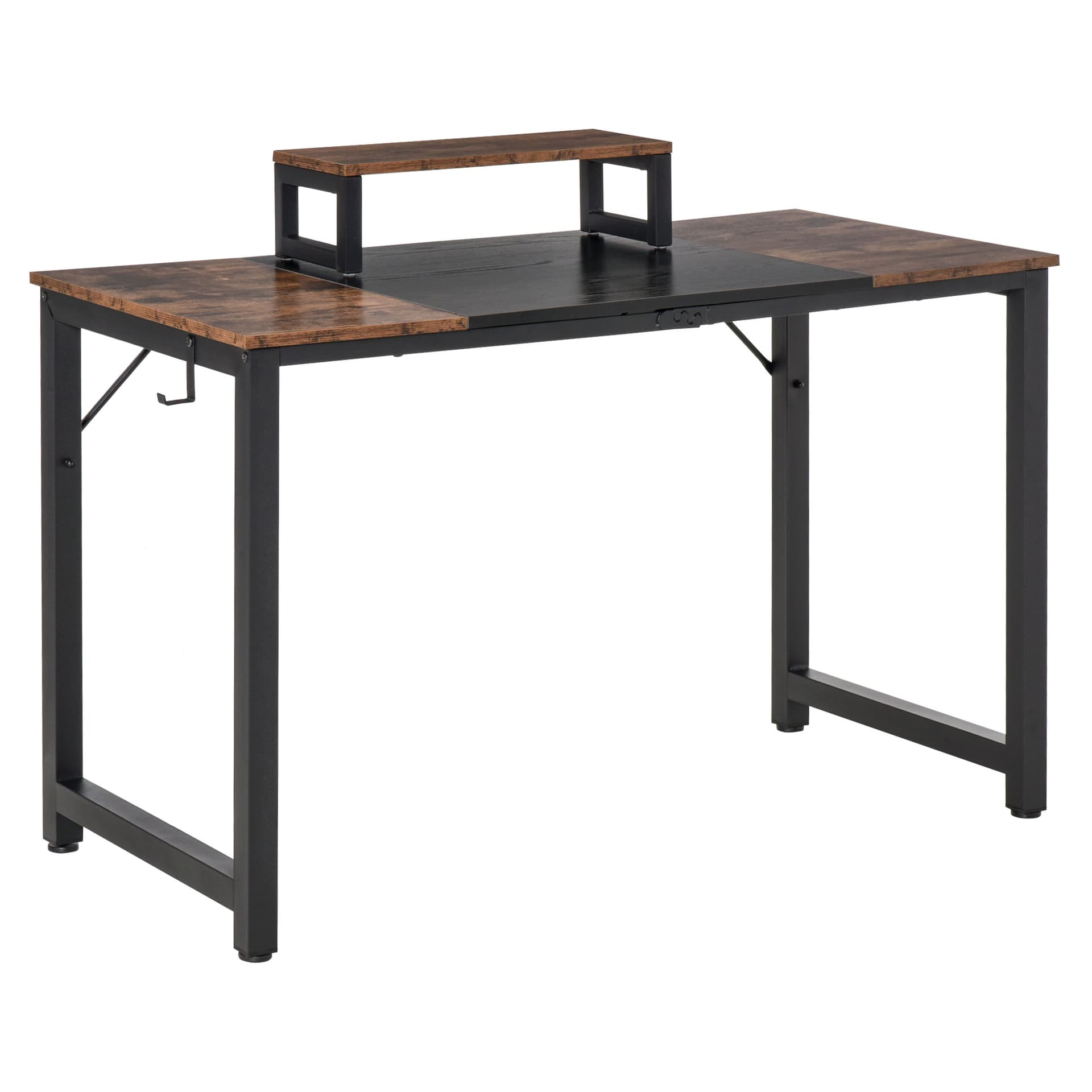 HOMCOM Industrial Style Computer Desk, Home Office Writing Desk, PC Laptop Workstation with Raised Monitor Stand, Side Hook, Adjutable Feet, Rustic Brown and Black - Desks - Office Furniture