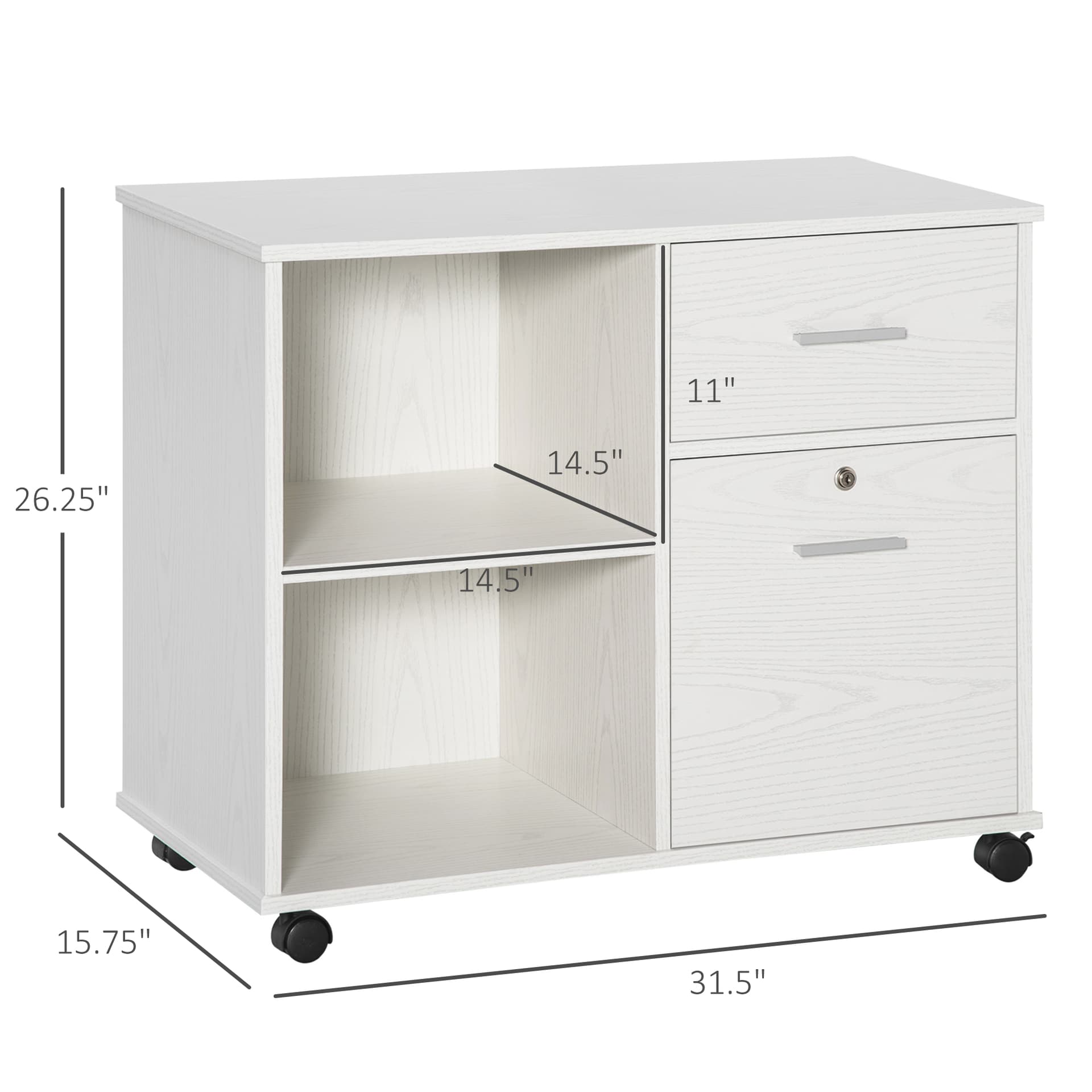 Vinsetto Lateral File Cabinet with Wheels, Mobile Printer Stand with Open Shelves and Drawers for A4 Size Documents, White - Office Products - Office Furniture