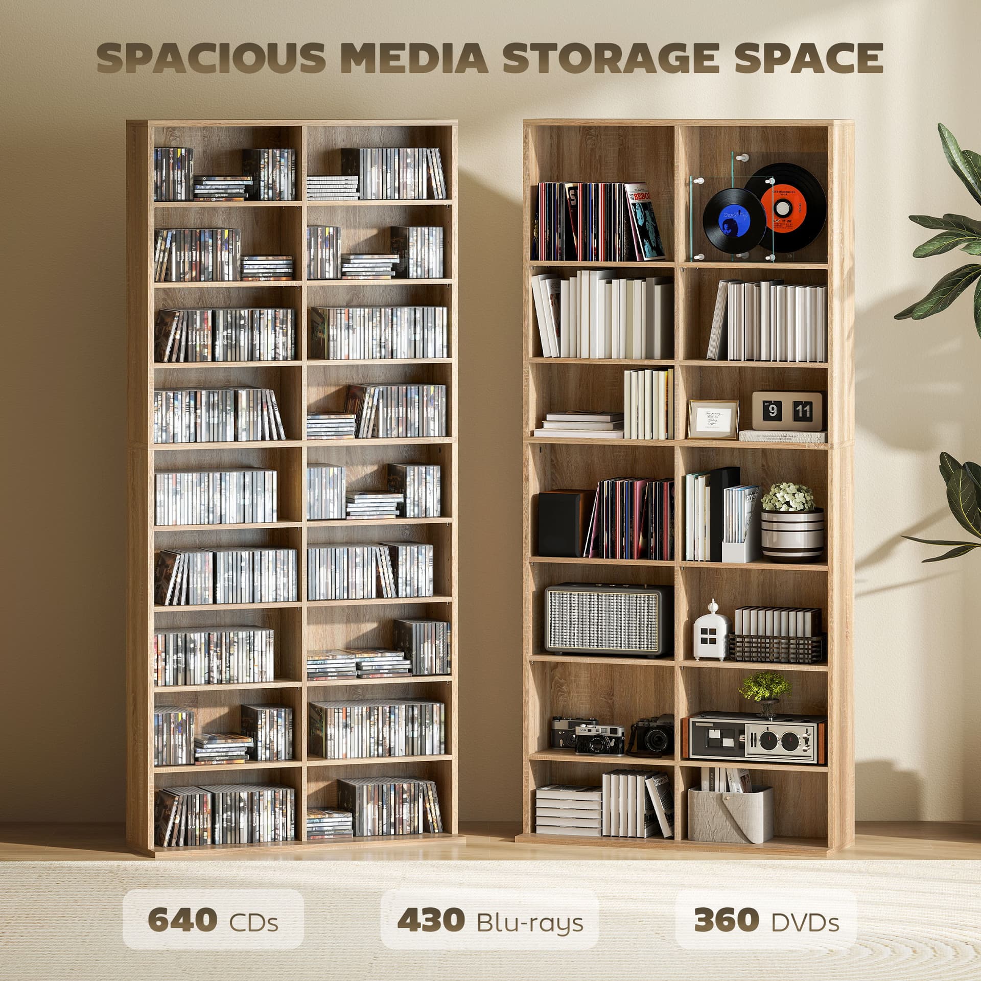 9-Tier DVD Shelf with 18 Compartments and 14 Adjustable Shelves, Holds 640 CDs, 360 DVDs or 430 Blu-rays, Natural Wood - Office Supplies - Office Furniture