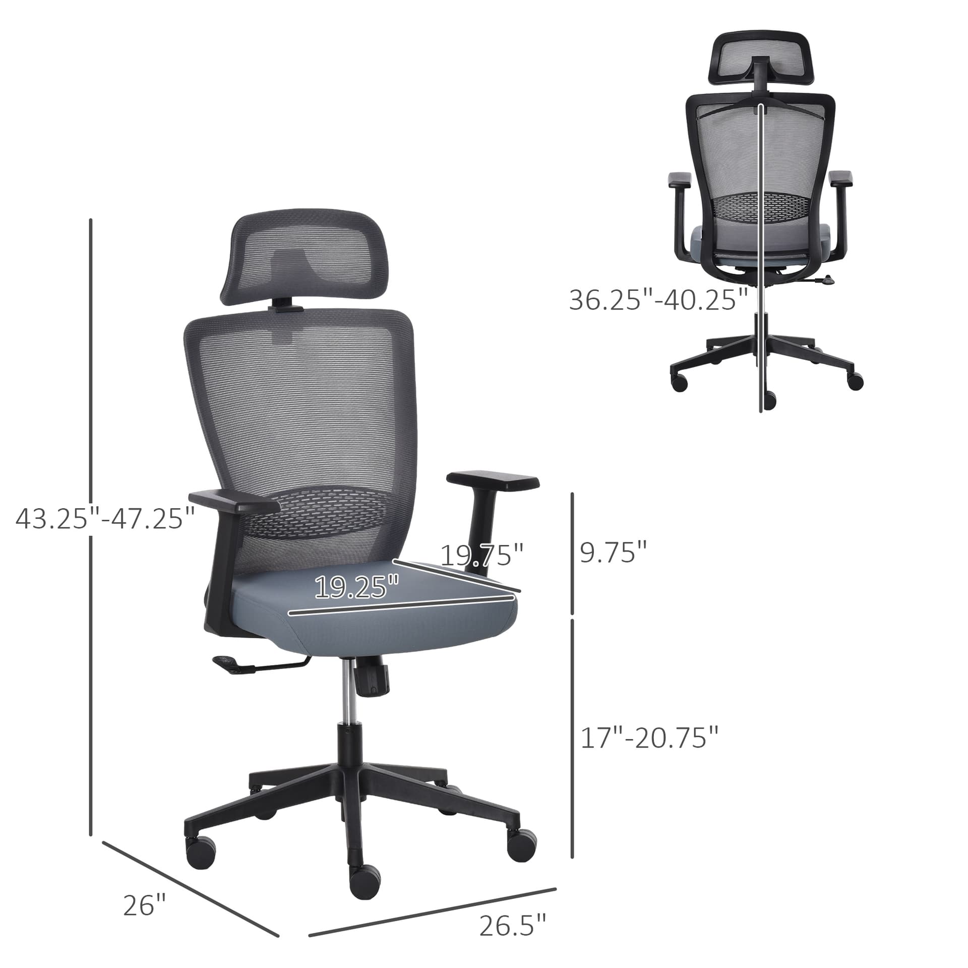 Vinsetto Mesh Office Chair with Lumbar Back Support High Back Swivel Task Chair, Adjustable Height Head Pillow, Blue Grey - Office Chairs - Office Furniture