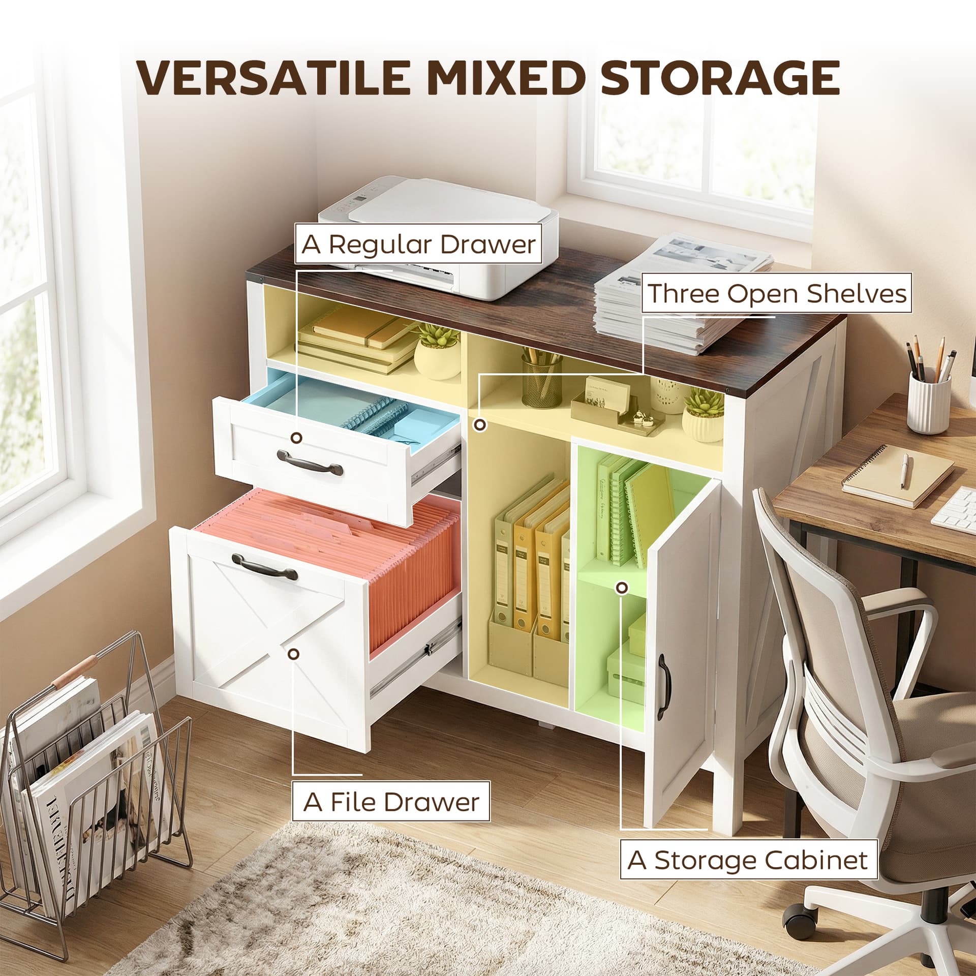 Lateral Filing Cabinet for Letter/A4 Hanging Files, File Cabinet with Open Compartments for Home Office, White - Office Cabinets & Cupboards - Office Furniture