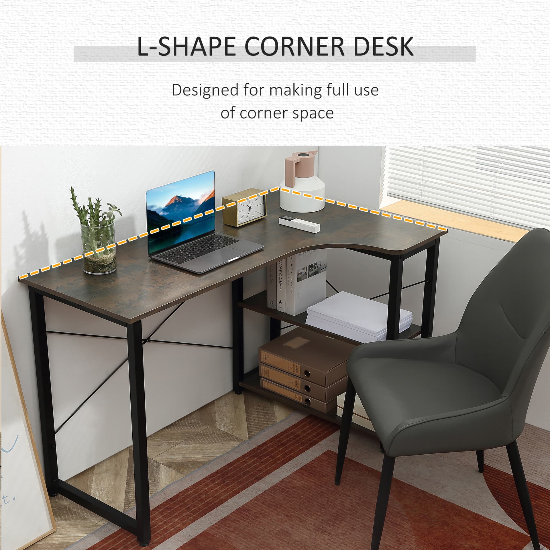 HOMCOM L-Shaped Computer Desk Home Office Corner Desk Study Workstation Table with 2 Shelves, Steel Frame, Brown - Desks - Office Furniture