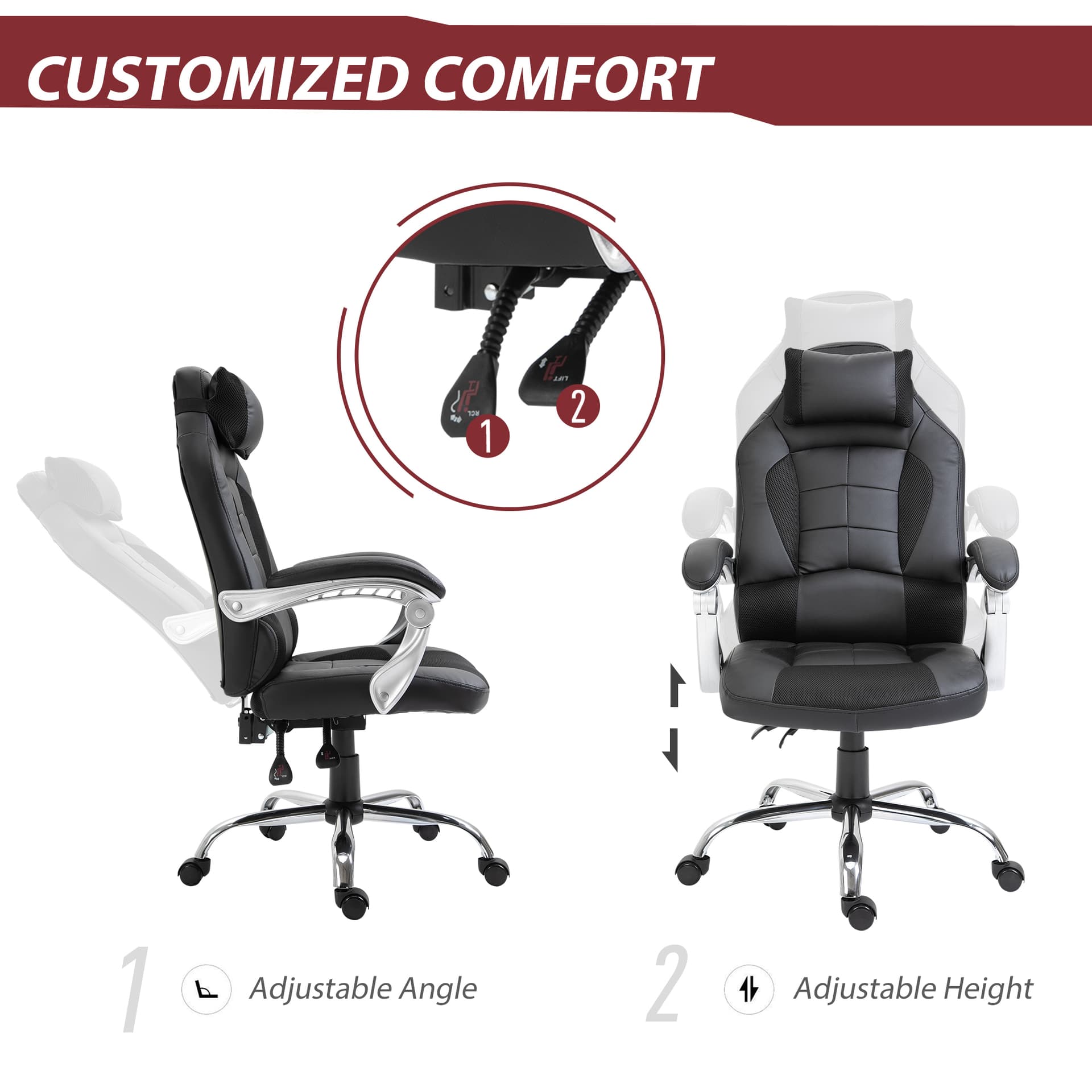 HOMCOM Ergonomic Executive Office Chair Swivel Racing Recliner PU Leather Height Adjustable, Black - Office Chairs - Office Furniture