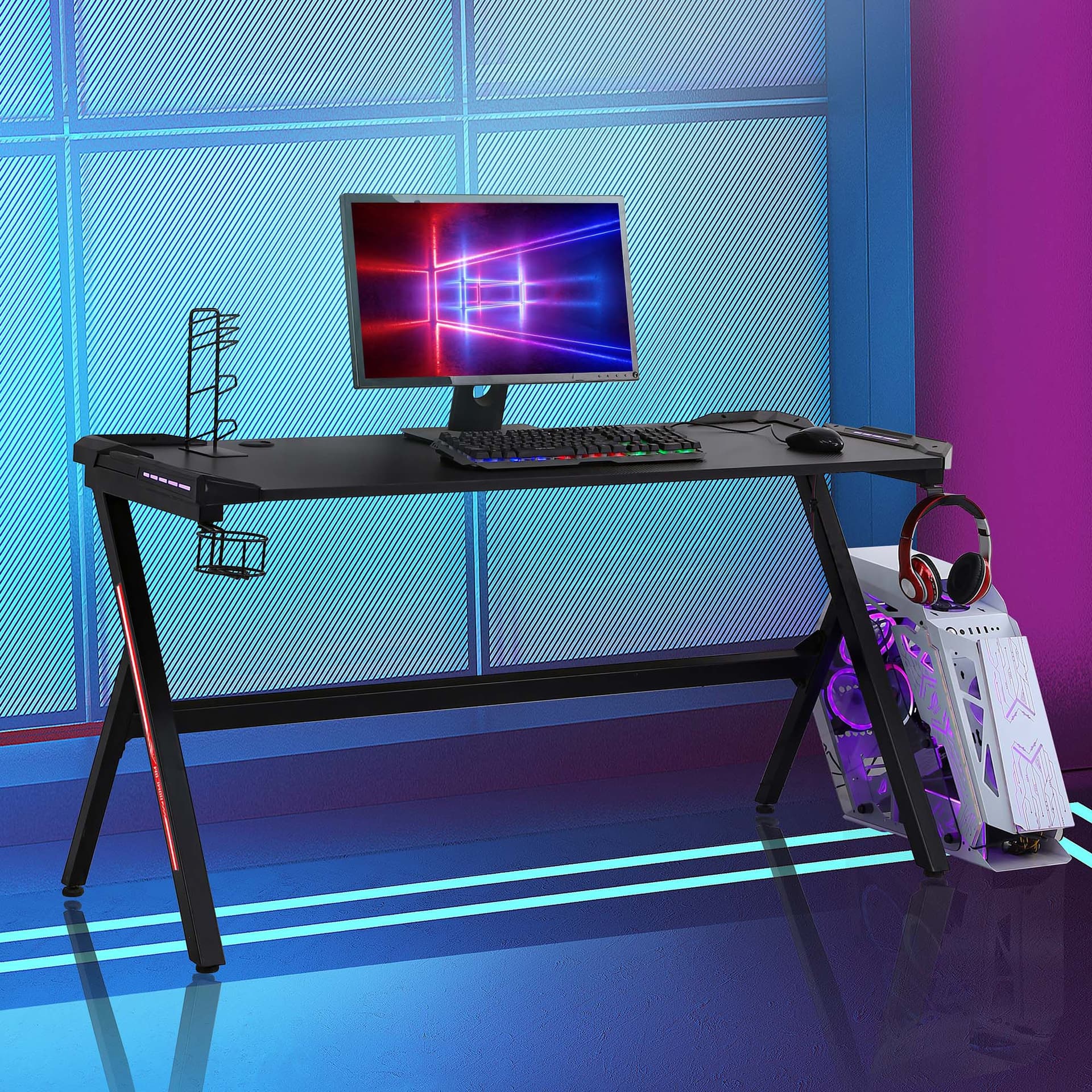 HOMCOM 47.25" Gaming Desk Racing Style Computer Table with LED Light Cup Gamepad Holder Headphone Hook Cable Management E-sport Study Workstation, Black - Office Products - Office Furniture