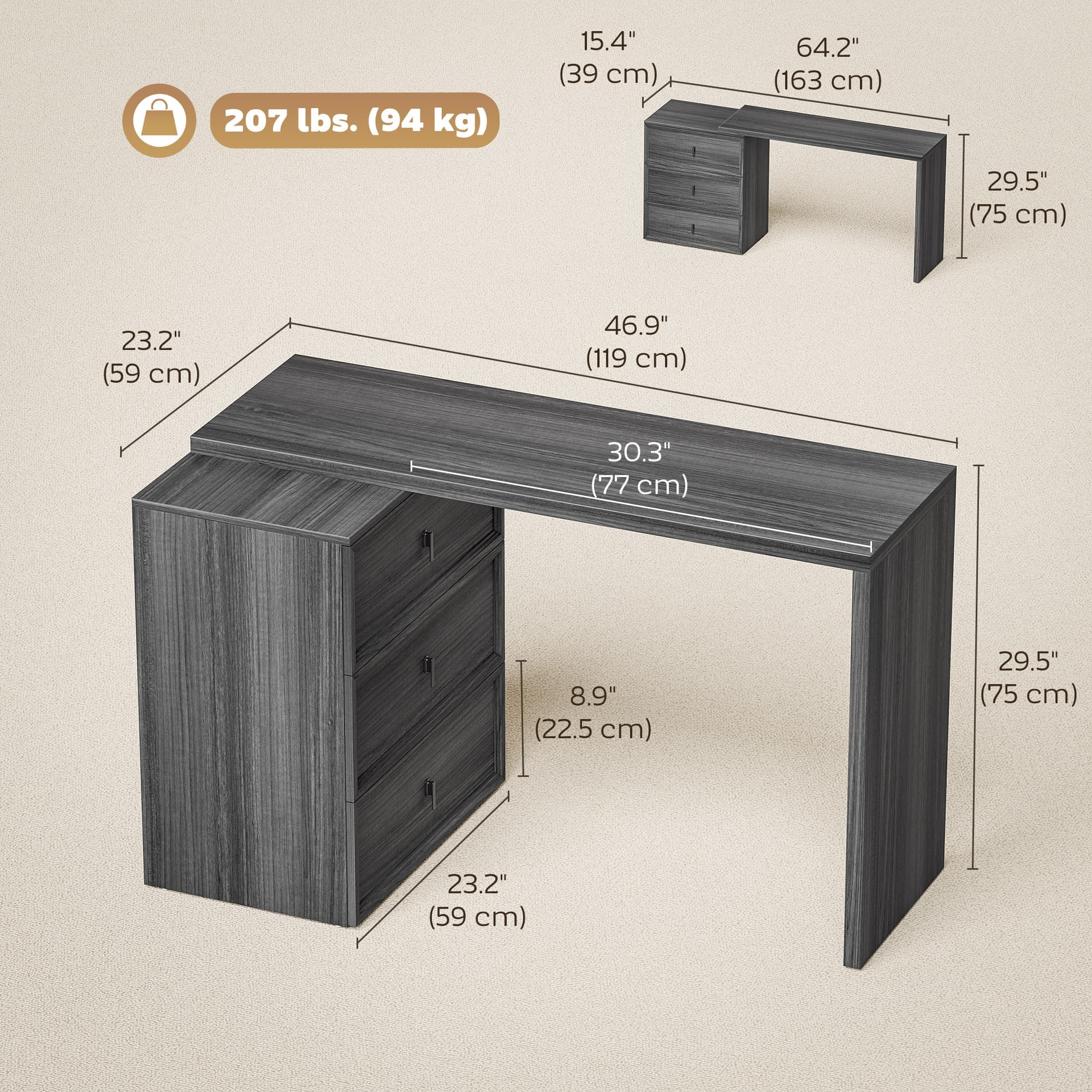L Shaped Computer Desk Home Office Desk with 3 Drawers Black Wood Grain - Computer Desks - Office Furniture