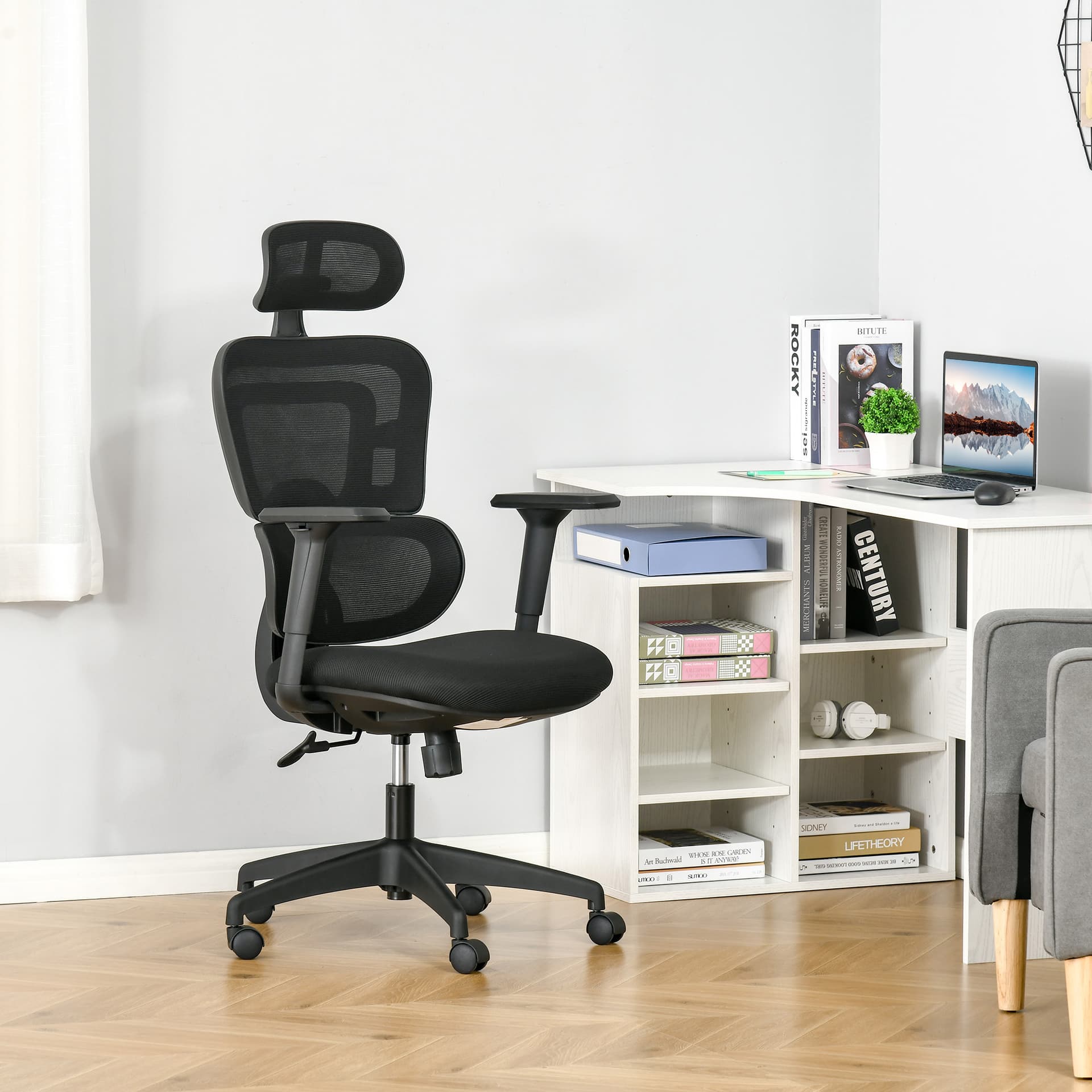 Vinsetto Mesh Office Chair, Ergonomic High Back Swivel Desk Chair with Adjustable Height, Armrest, Lumbar Support and Headrest, Black - Desks - Office Furniture