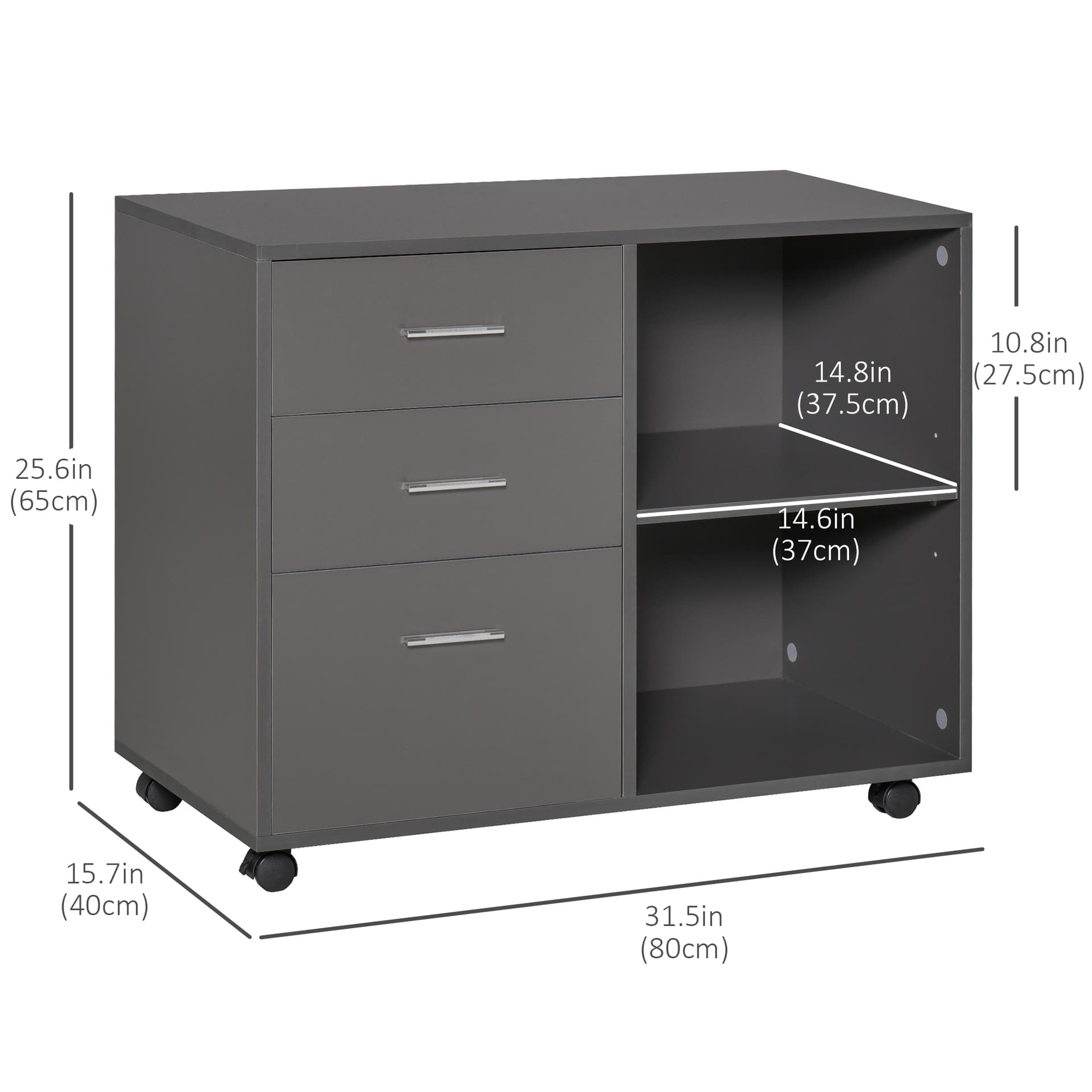 HOMCOM Modern Lateral Filing Cabinet, 3 Drawer File Cabinet, Mobile, Printer Stand with Open Shelves, Rolling Wheels, Grey - Office Products - Office Furniture