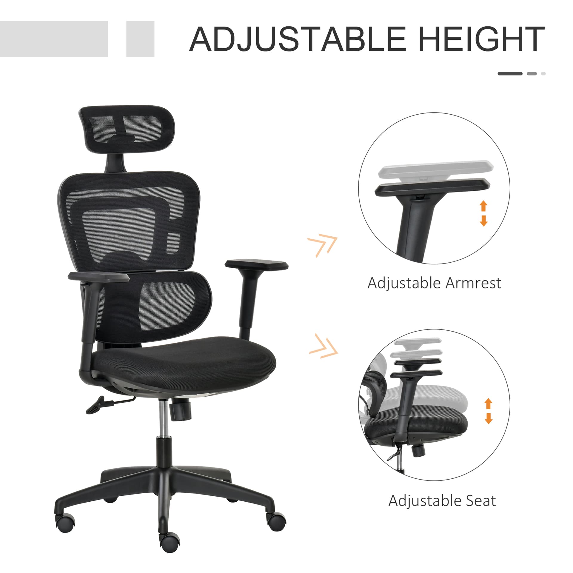 Vinsetto Mesh Office Chair, Ergonomic High Back Swivel Desk Chair with Adjustable Height, Armrest, Lumbar Support and Headrest, Black - Desks - Office Furniture