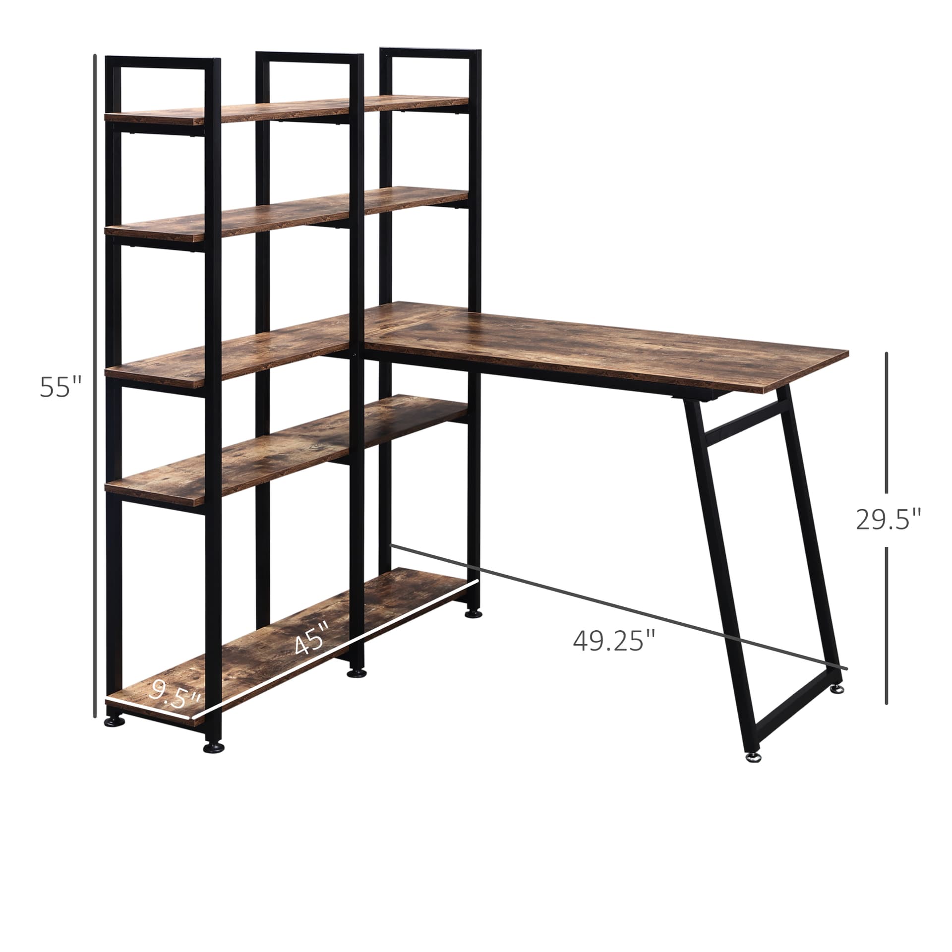 HOMCOM L-Shaped Desk with 5 Tier Bookshelf, Computer Writing Table with Metal Frame, Space-Saving for Home Office, Rustic Brown - Desks - Office Furniture