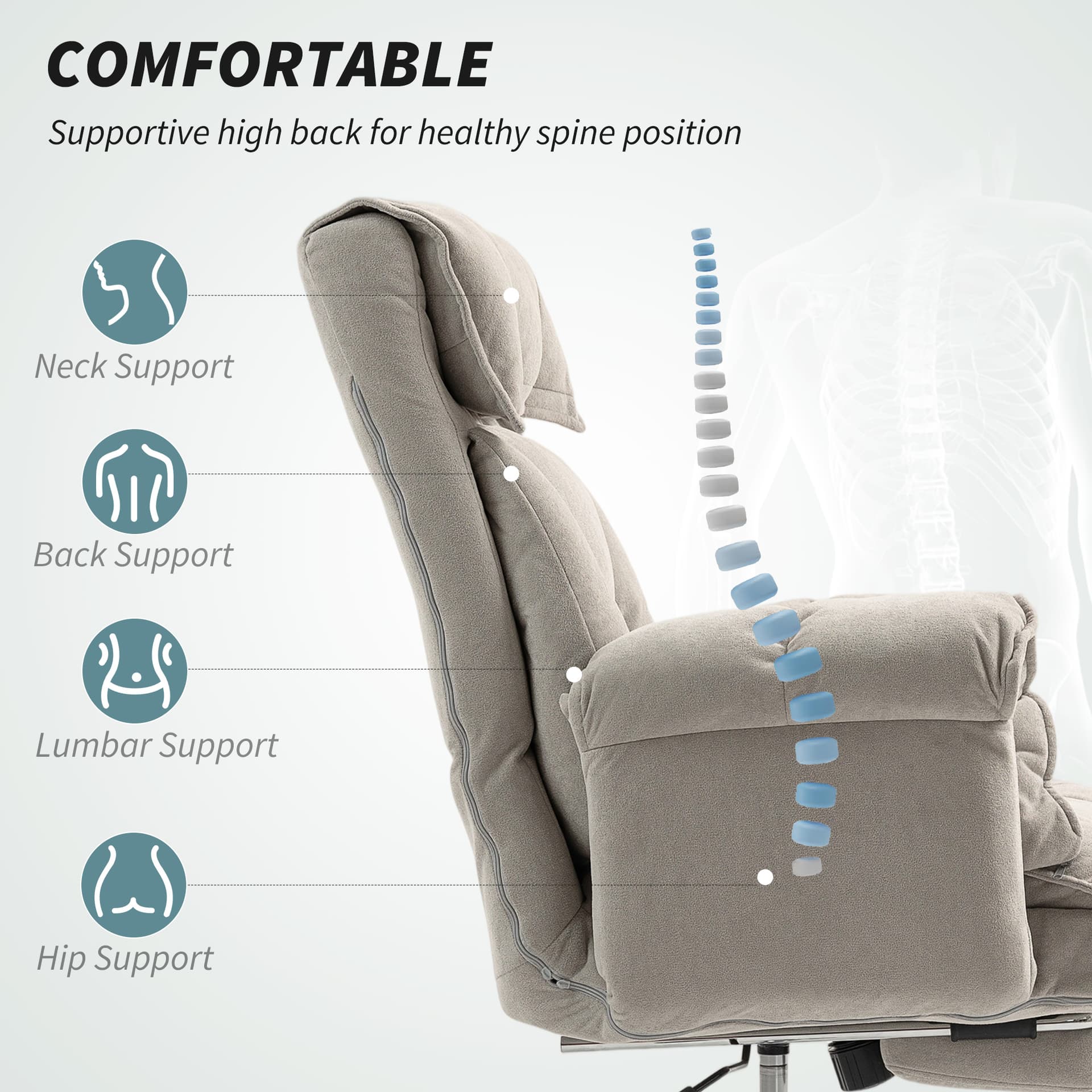 High Back Office Chair, Reclining Desk Chair with Footrest, Swivel Base, Rolling Wheels, Light Grey - Executive & Manager Chairs - Office Furniture