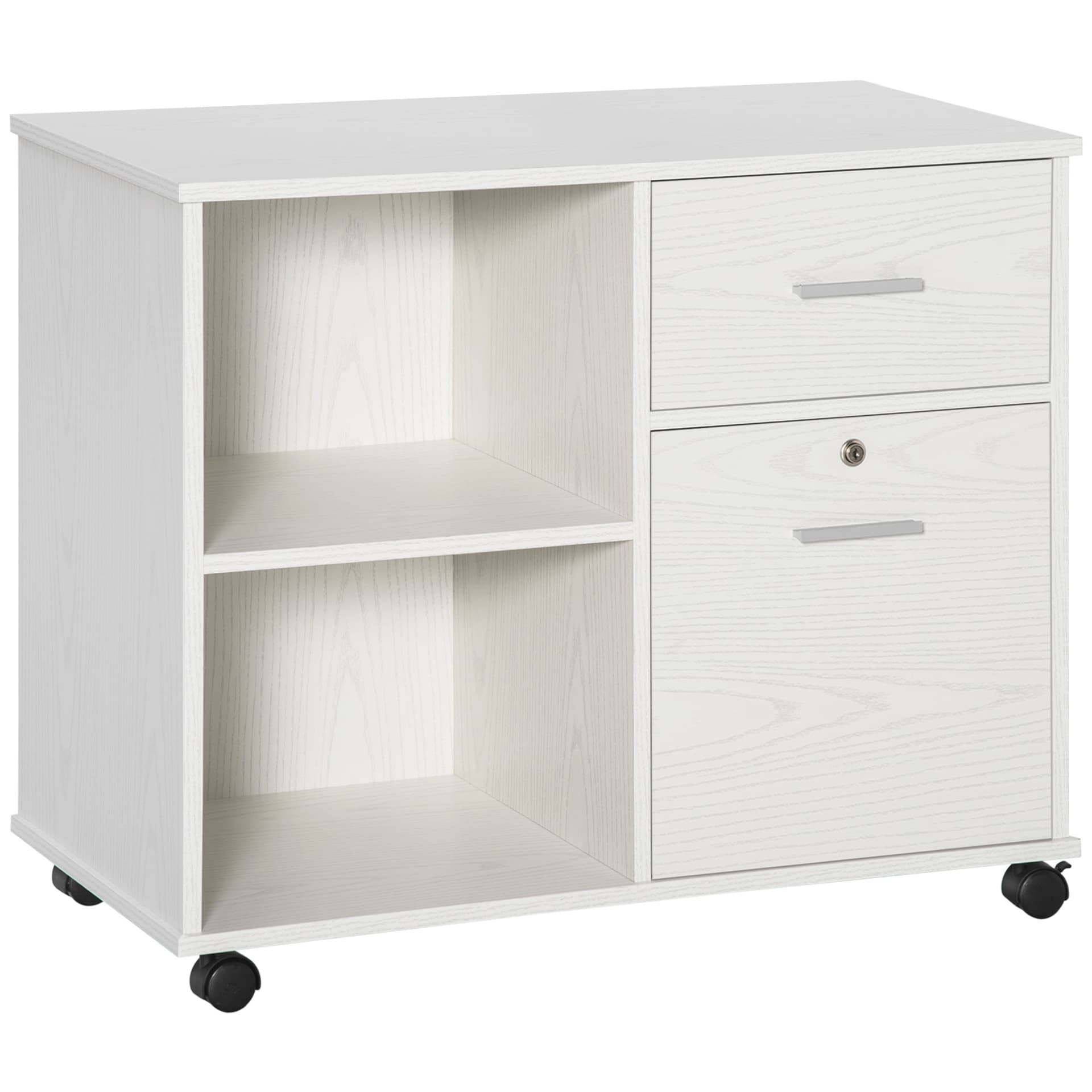 Vinsetto Lateral File Cabinet with Wheels, Mobile Printer Stand with Open Shelves and Drawers for A4 Size Documents, White - Office Products - Office Furniture