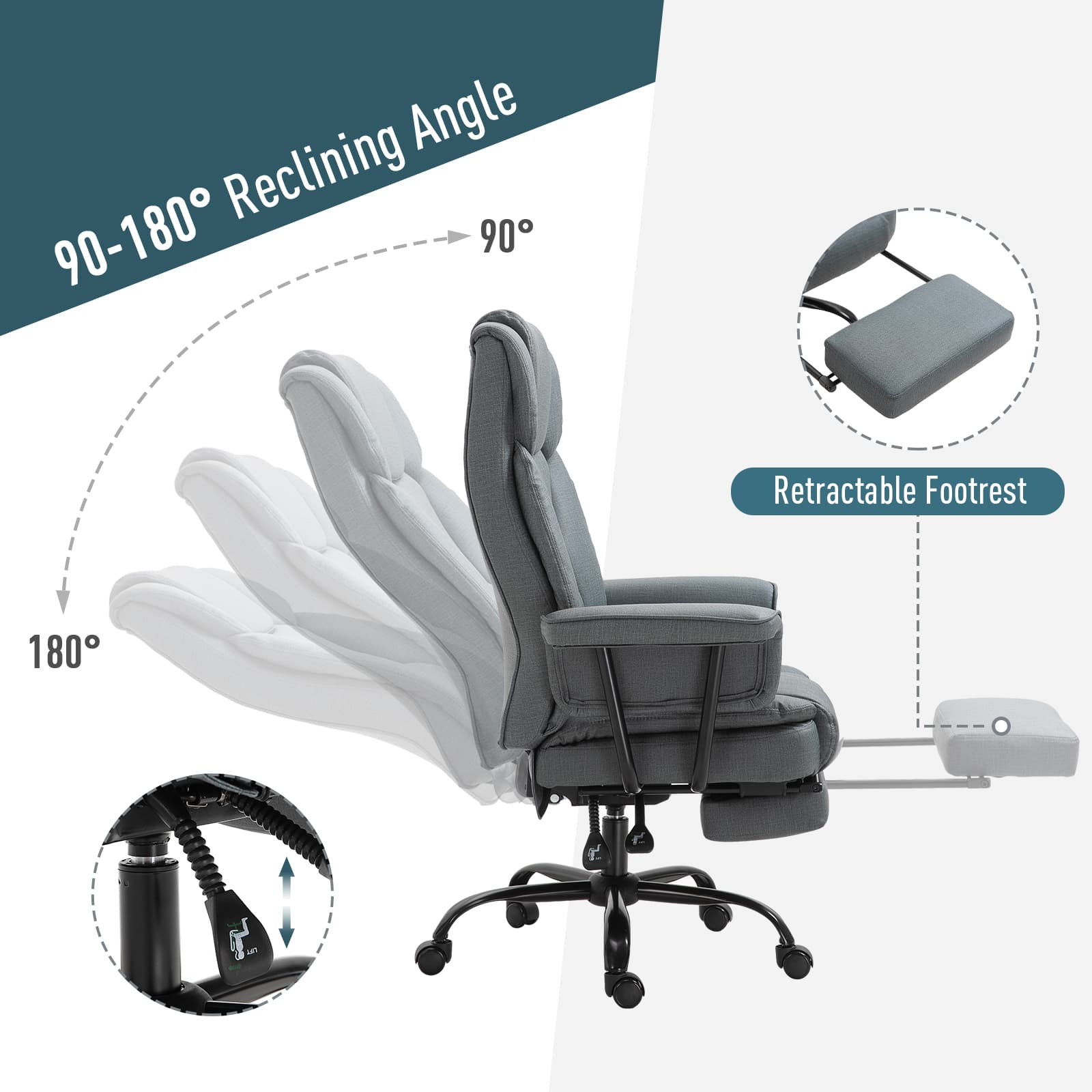 Vinsetto Swivel Reclining Office Chair with Ergonomic with Footrest, Grey - Office Chairs - Office Furniture