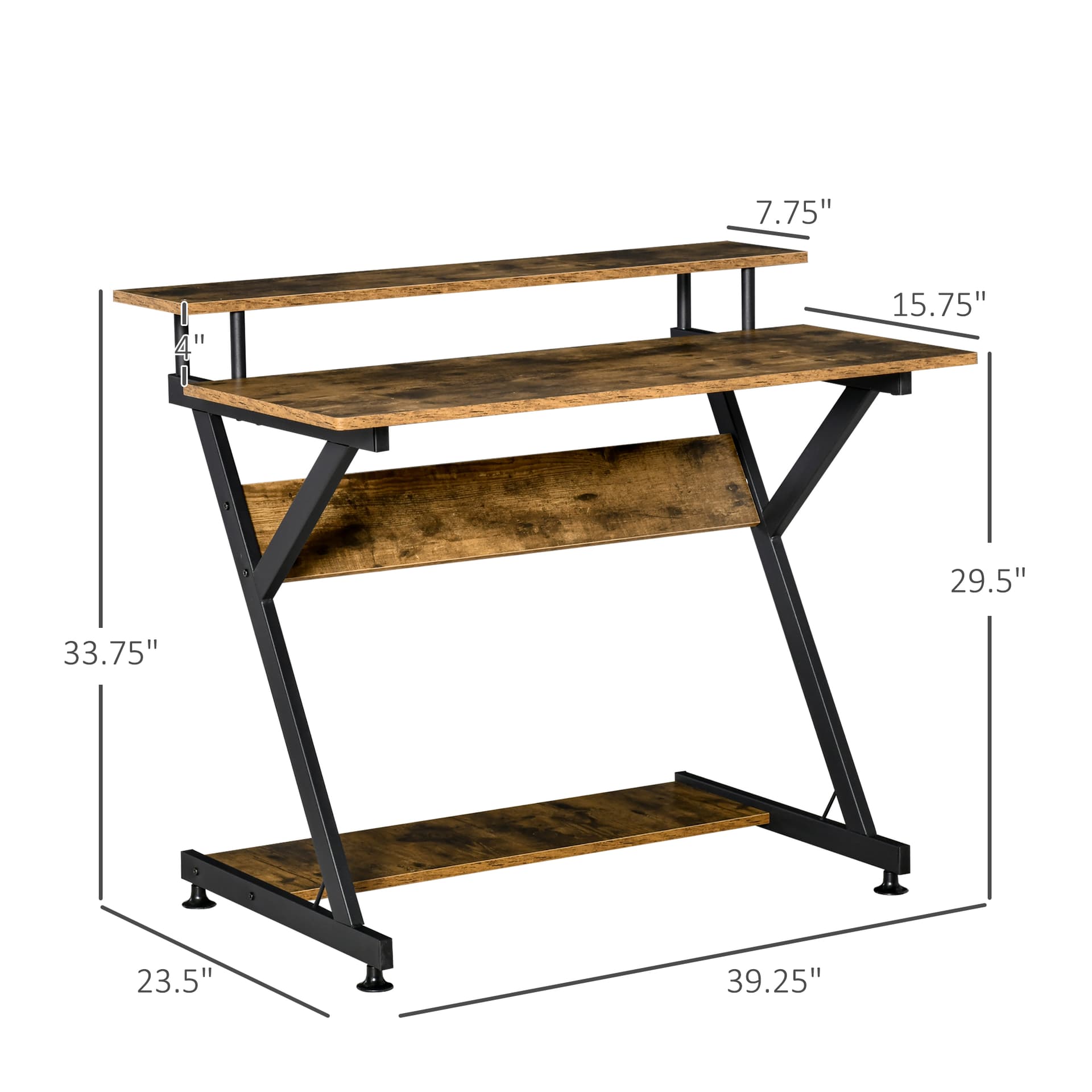 HOMCOM 39" Compact Computer Desk, Industrial Z-Shaped Writing Desk with Monitor Shelf and Storage, Workstation for Home Office - Desks - Office Furniture