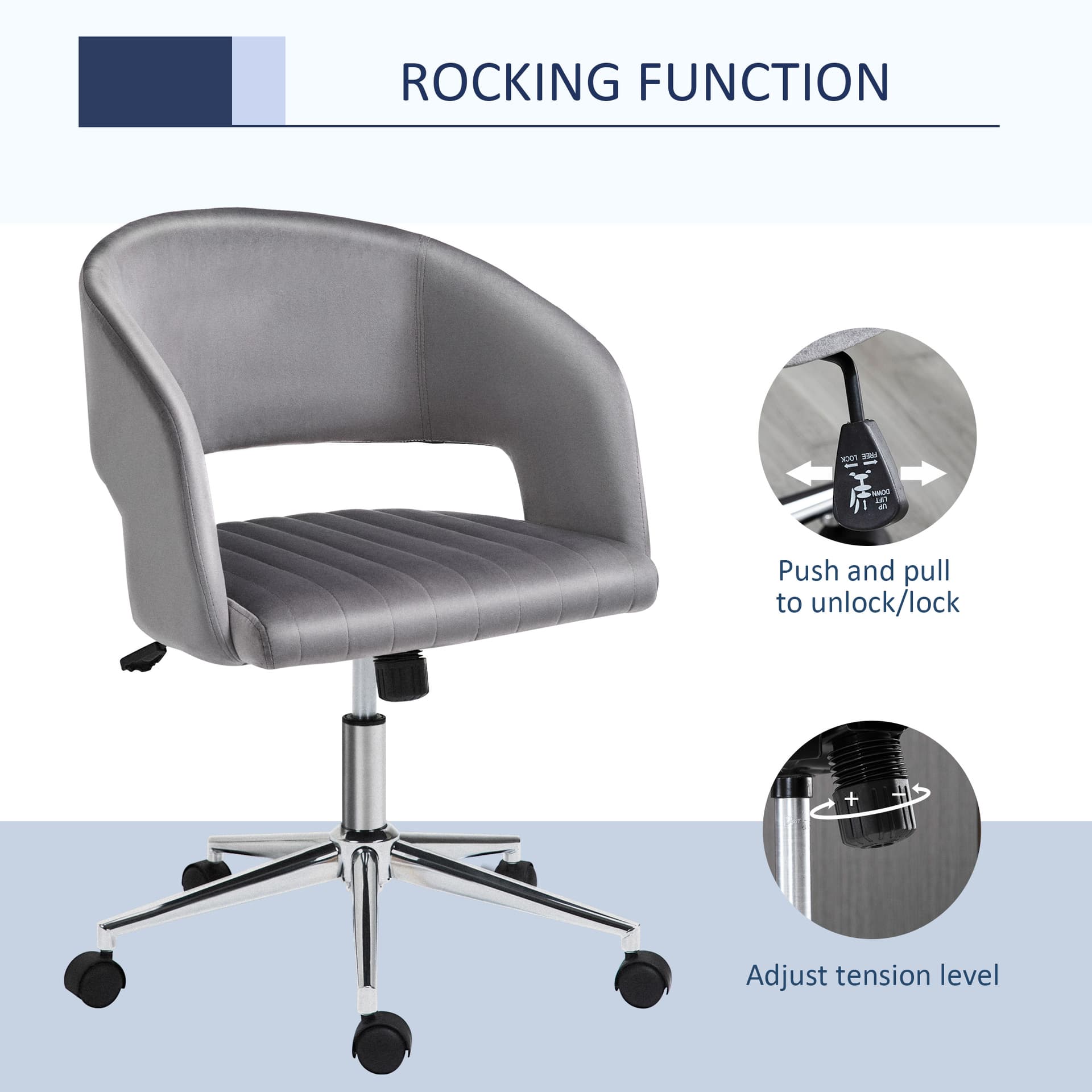 Vinsetto Leisure Office Chair Velvet Fabric Swivel Moon Shape Computer Desk Chair Study with Wheels  Grey - Desks - Office Furniture