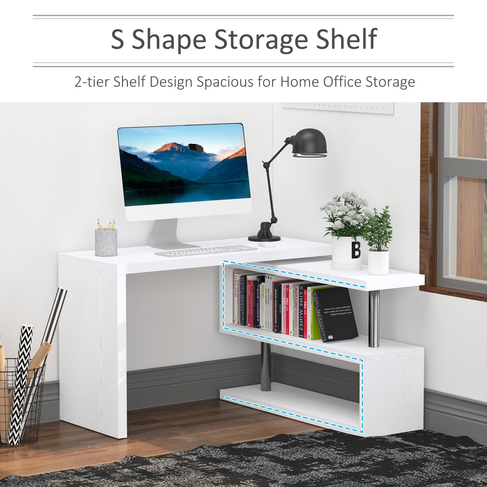 HOMCOM L-Shaped Desk, 360° Rotating Computer Corner Desk, Home Office Writing Table Workstation with Storage Shelf, White - Desks - Office Furniture