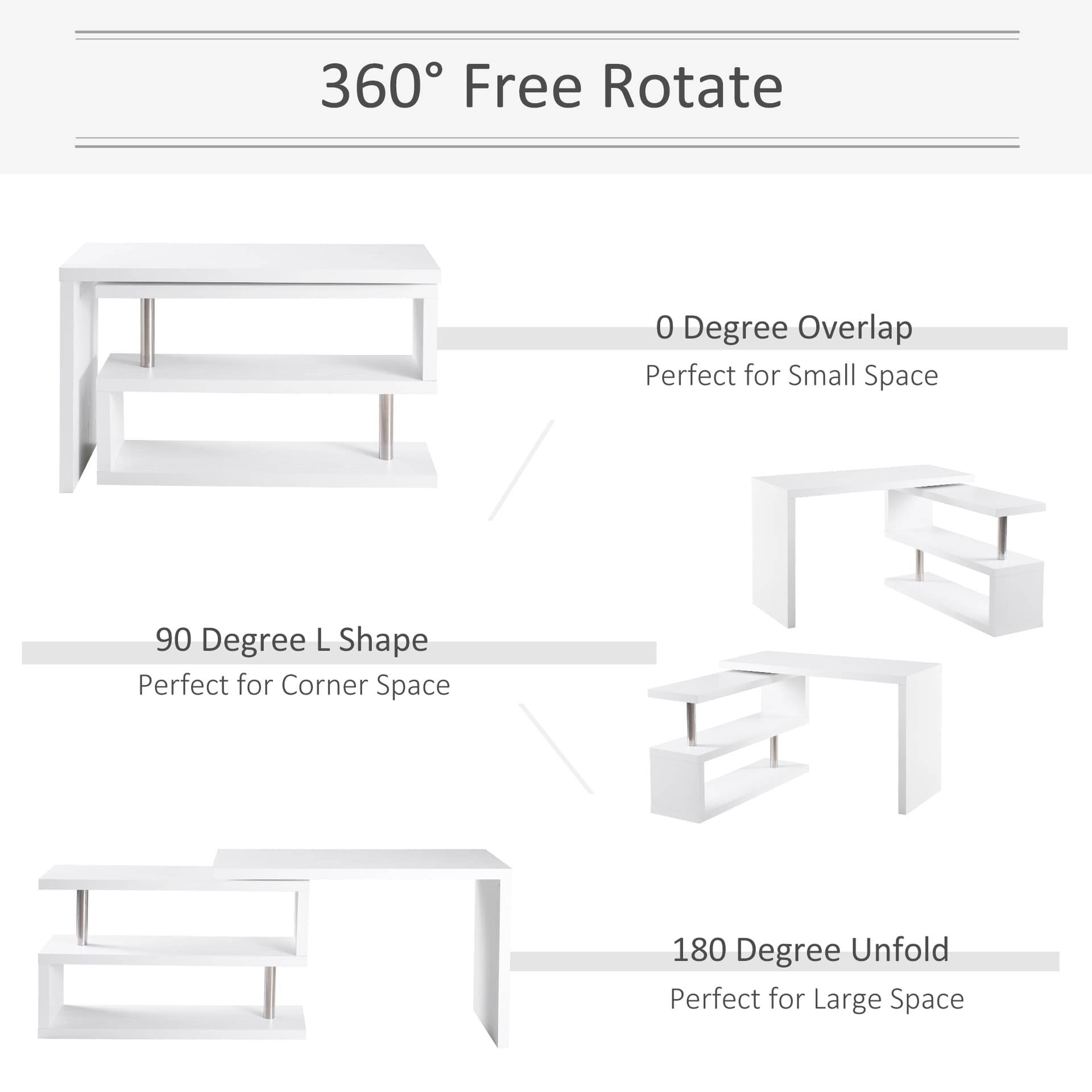 HOMCOM L-Shaped Desk, 360° Rotating Computer Corner Desk, Home Office Writing Table Workstation with Storage Shelf, White - Desks - Office Furniture