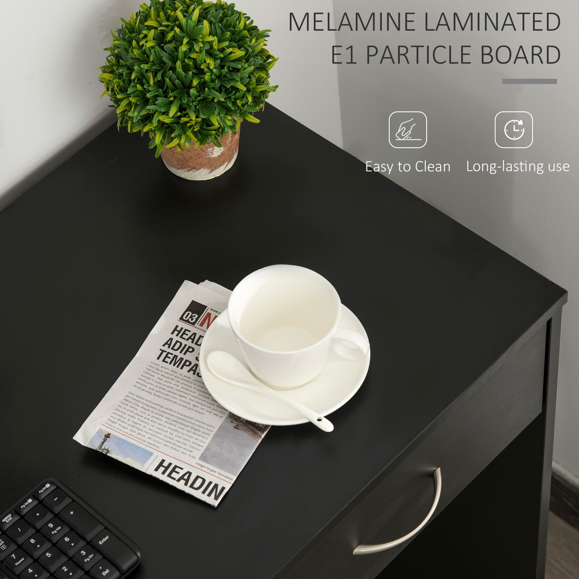 HOMCOM Modern Computer Desk with Drawer, Writing Table with Storage Shelf, Home Office Workstation, Black - Desks - Office Furniture