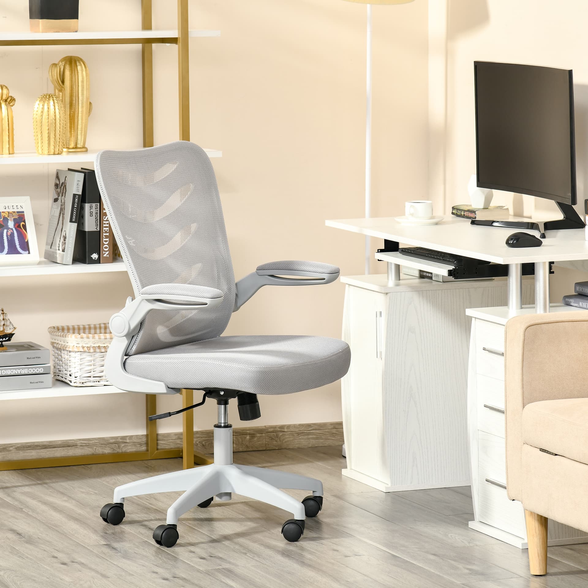 Vinsetto Mesh Home Office Chair Mid Back Task Desk Chair with Lumbar Back Support, Flip-Up Arm, Adjustable Height, Grey - Desks - Office Furniture