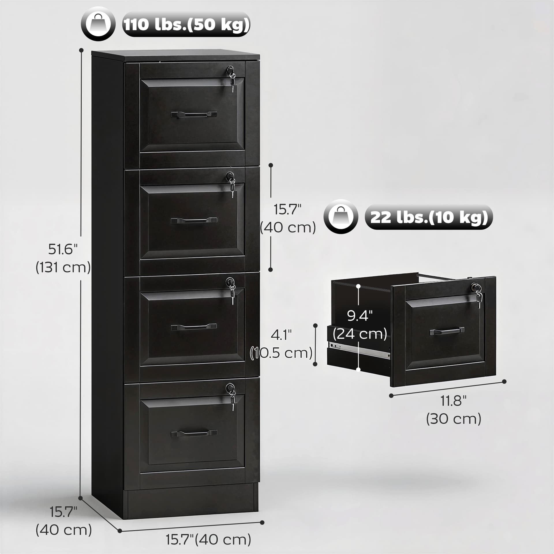 4 Drawer File Cabinet with Lock, Vertical Filing Cabinet with Adjustable Hanging Bars for A4 and Letter Size, Black - Office Cabinets & Cupboards - Office Furniture