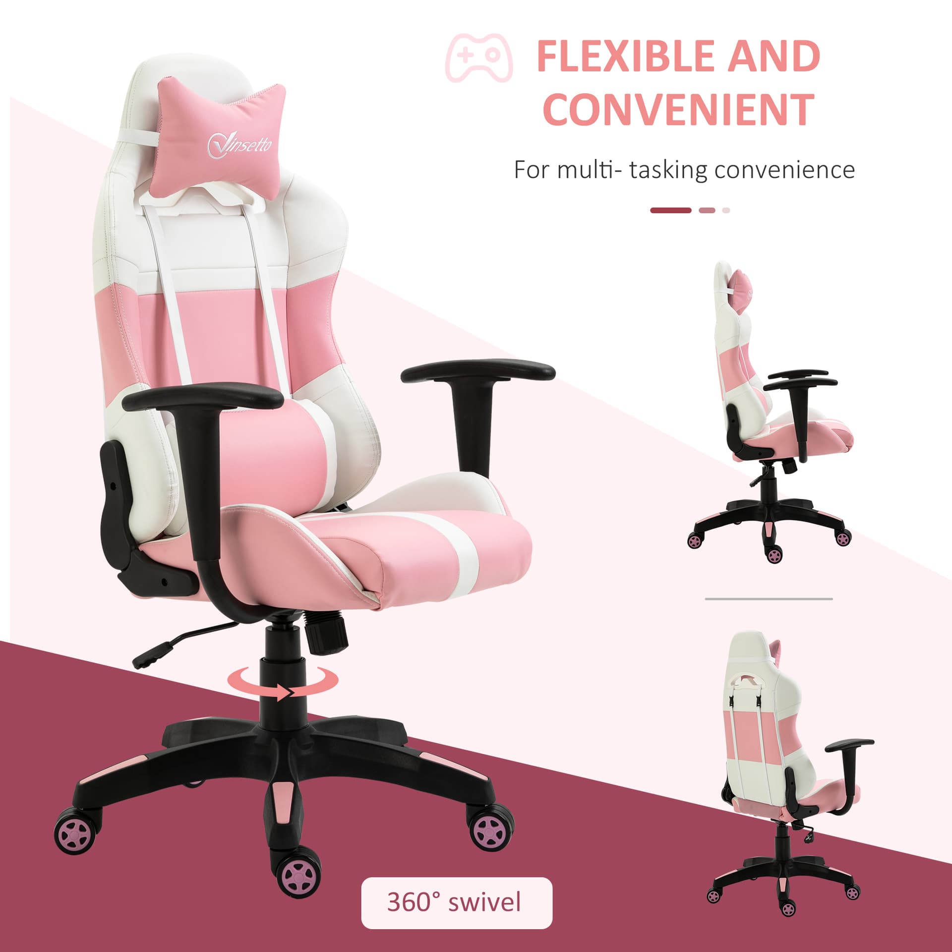 Vinsetto Office Chair with Wheels  Removable Pillow Gaming Chair  Pink and White - Office Chairs - Office Furniture