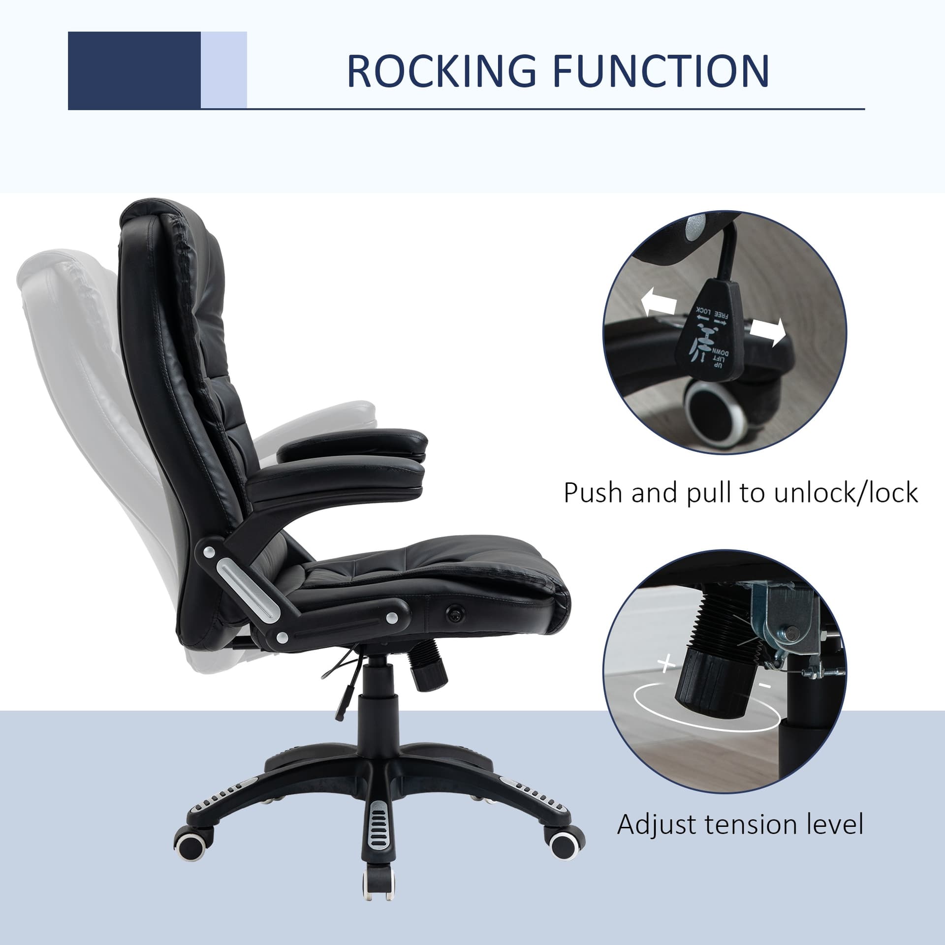 Vinsetto Executive Home Office Chair High Back Ergonomic PU Leather Computer Chair, with Swivel Wheels, Arm, Adjustable Height, Black - Office Chairs - Office Furniture