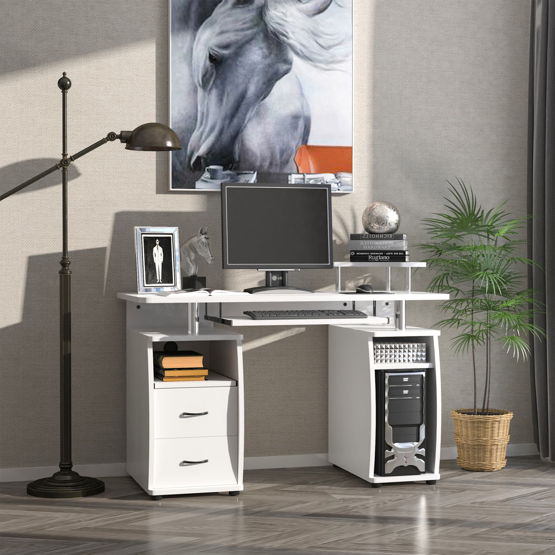 HOMCOM Computer Desk with Keyboard Tray, CPU Stand, Writing Desk with Drawers, Workstation for Home Office, White - Desks - Office Furniture