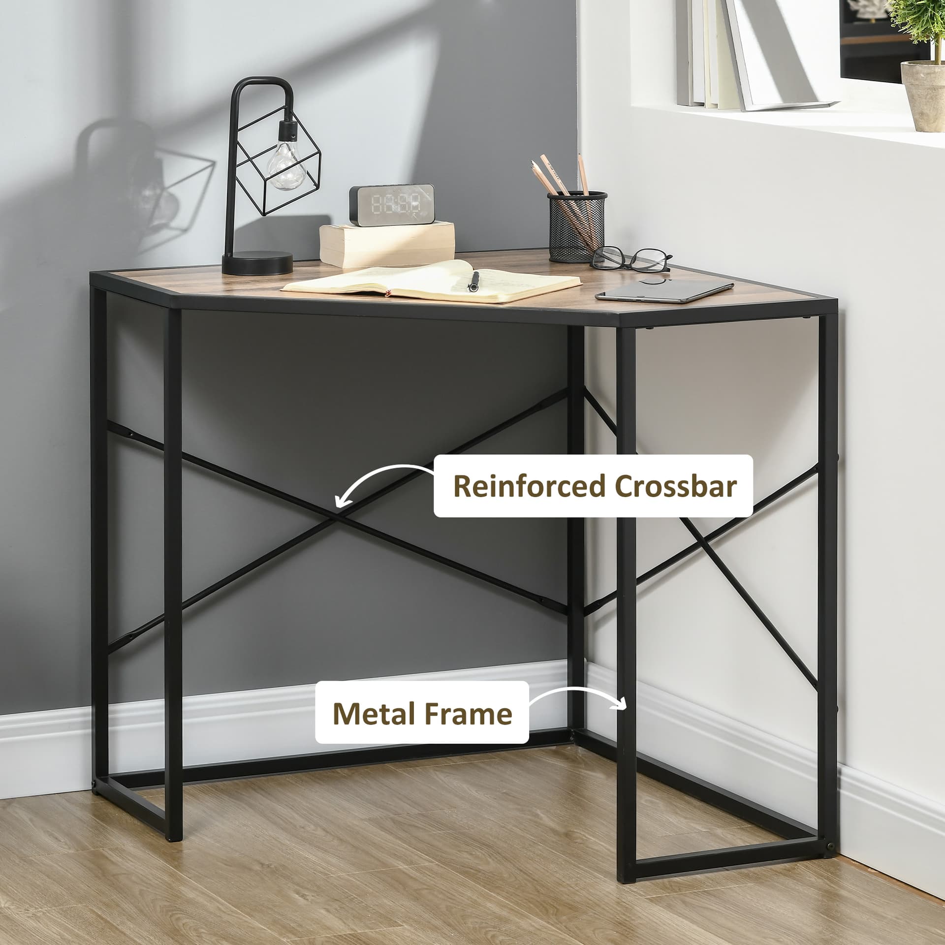 HOMCOM Corner Desk, Triangle Computer Desk with Steel Frame for Small Space, Corner Writing Desk for Workstation, Black - Office Products - Office Furniture