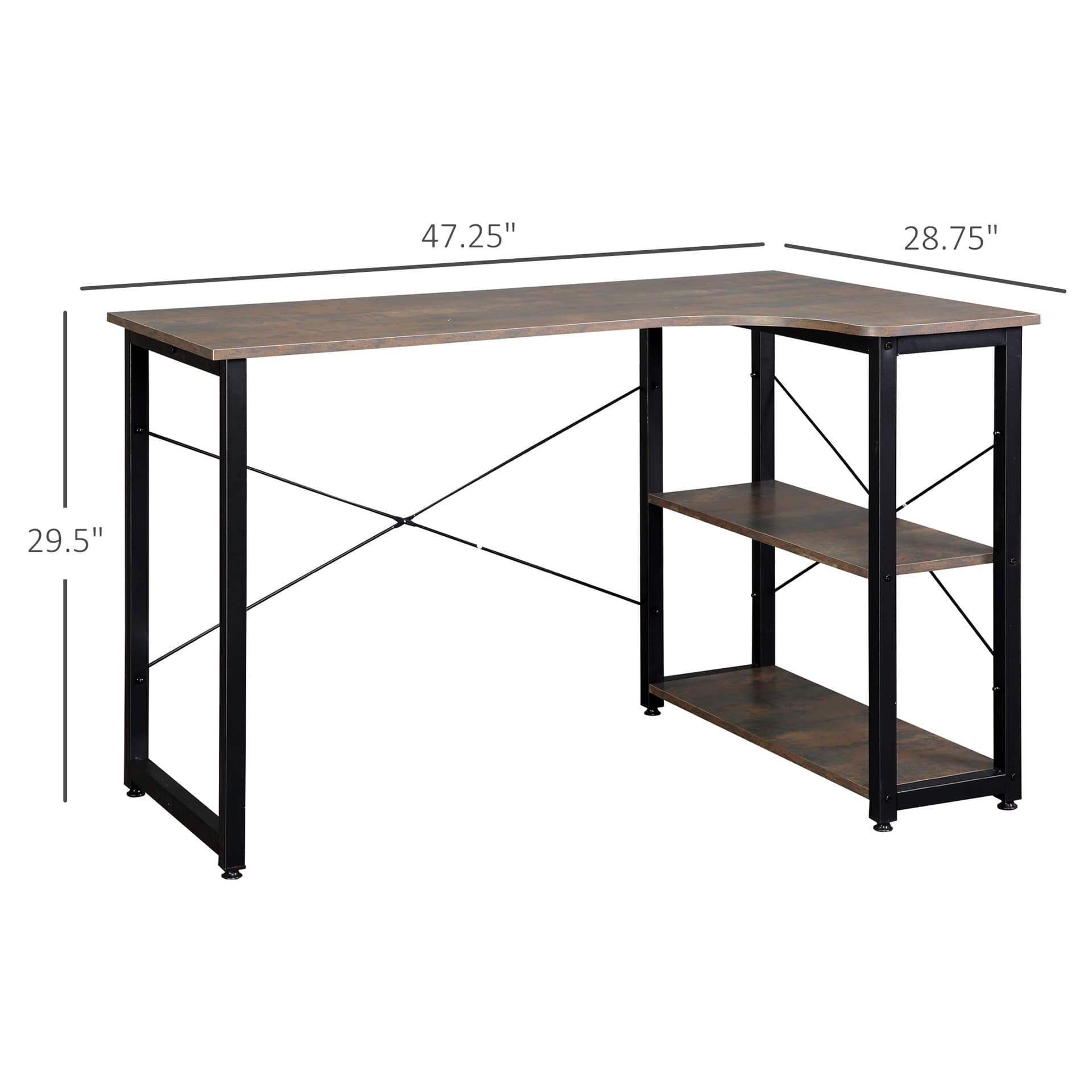 HOMCOM L-Shaped Computer Desk Home Office Corner Desk Study Workstation Table with 2 Shelves, Steel Frame, Brown - Desks - Office Furniture