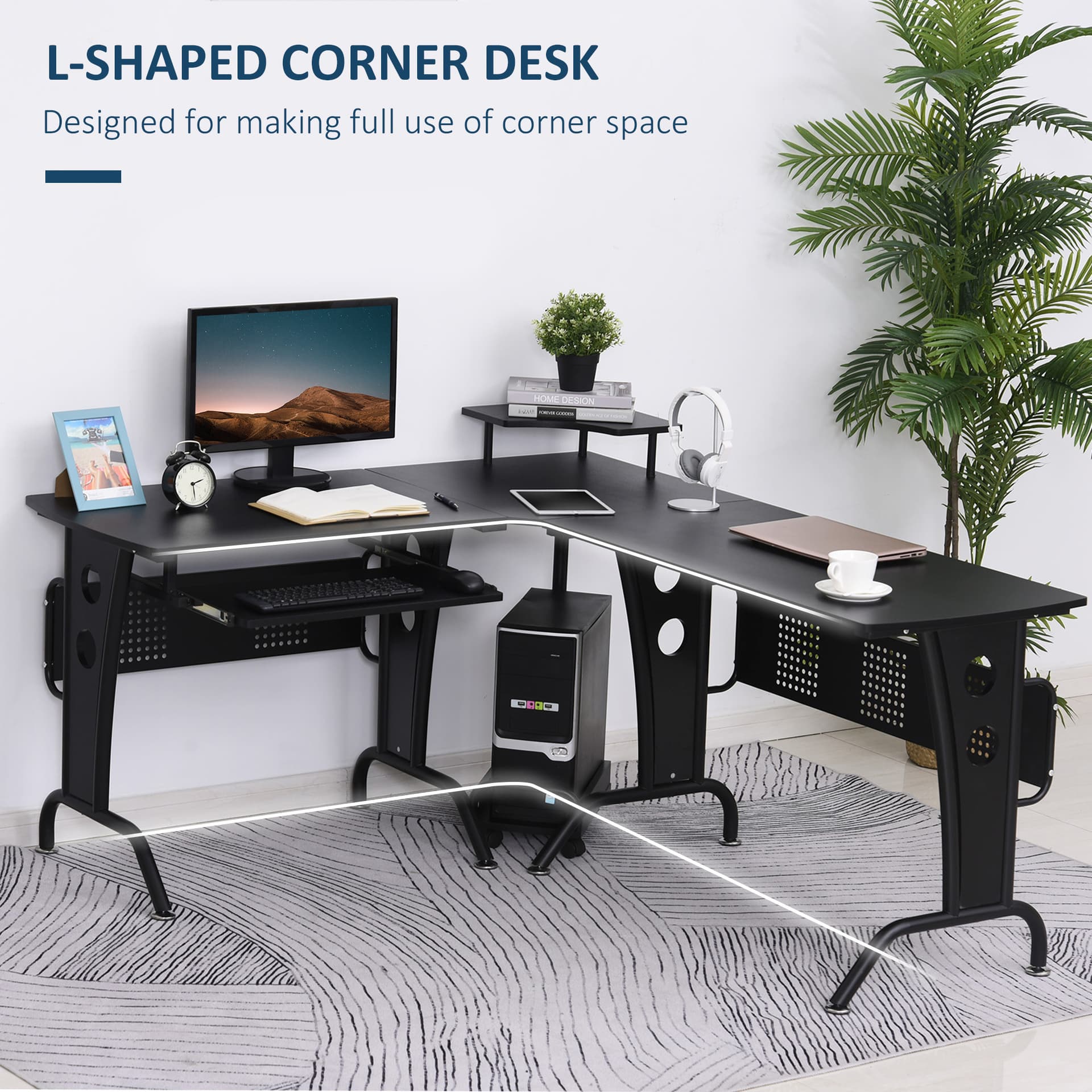 HOMCOM L-Shaped Computer Desk for PC, Corner Table for Small Spaces with Elevated Shelf, Keyboard Tray, CPU Stand, Home Office - Desks - Office Furniture