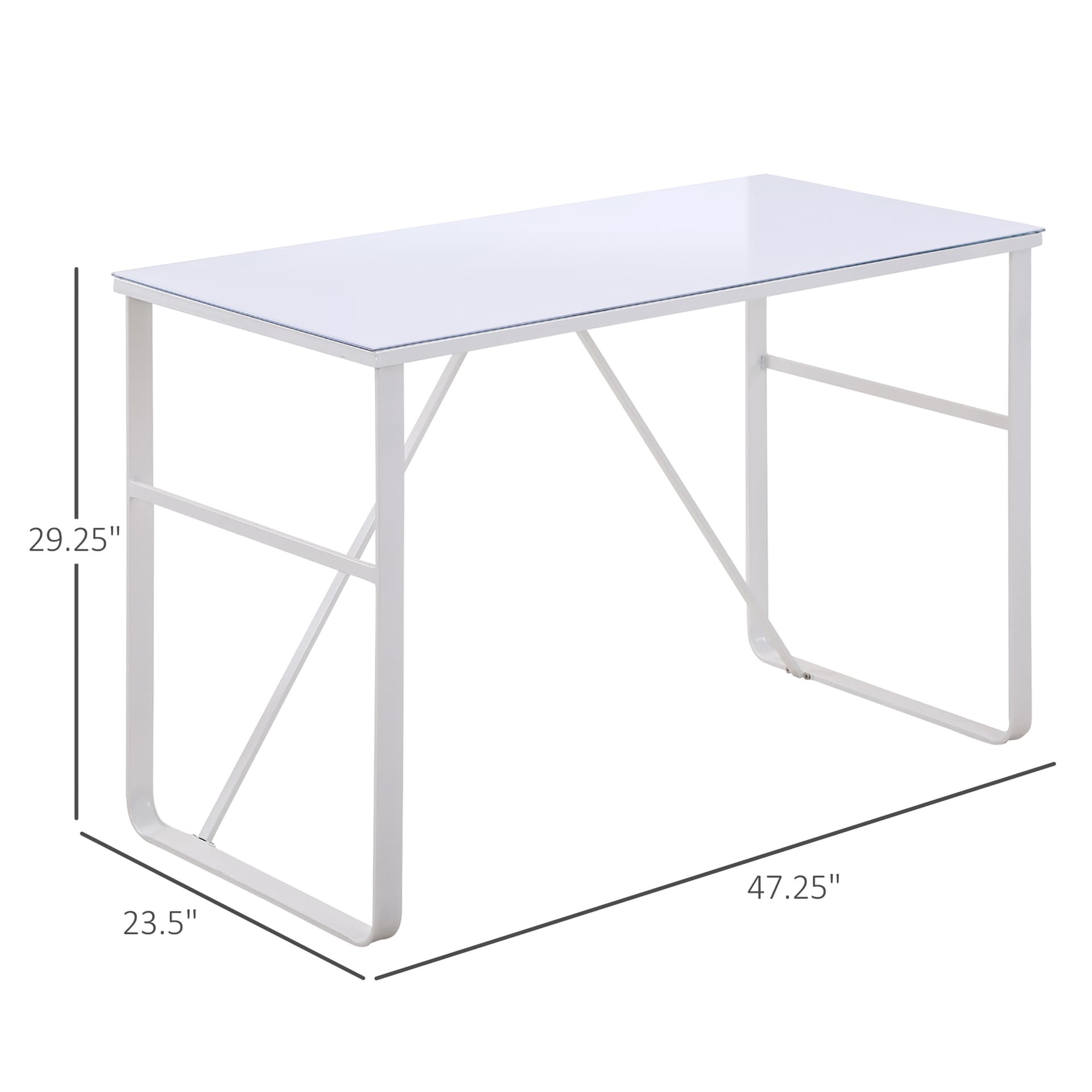 HOMCOM Office Table Glass Top Writing Desk Home Working Station Gaming Desk Metal Frame Easy Assembly, White - Desks - Office Furniture