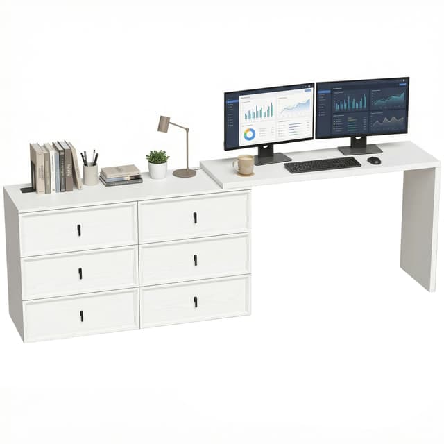 L Shaped Computer Desk Home Office Desk with 6 Drawers White Wood Grain