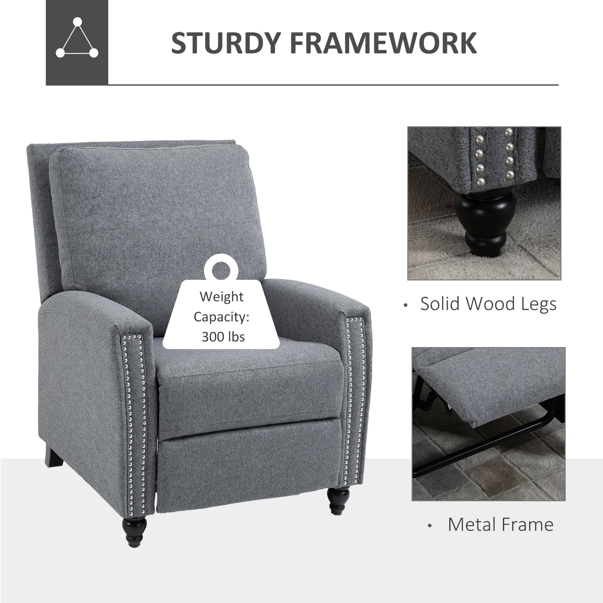 HOMCOM Modern Push Back Manual Recliner Chair Fabric Upholstered Armchair Home Lounge Sofa for Living Room & Bedroom - Office Chairs - Office Furniture