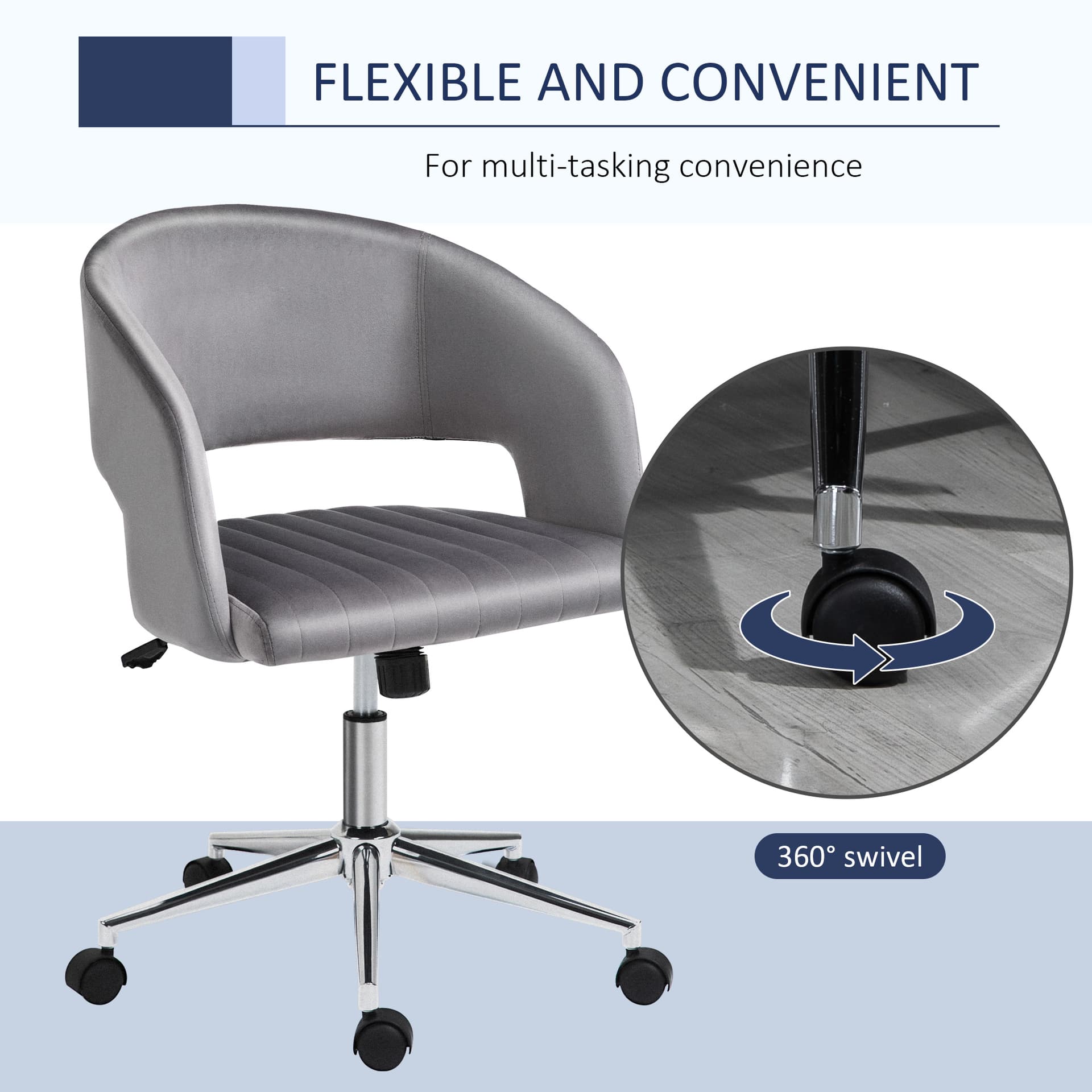 Vinsetto Leisure Office Chair Velvet Fabric Swivel Moon Shape Computer Desk Chair Study with Wheels  Grey - Desks - Office Furniture