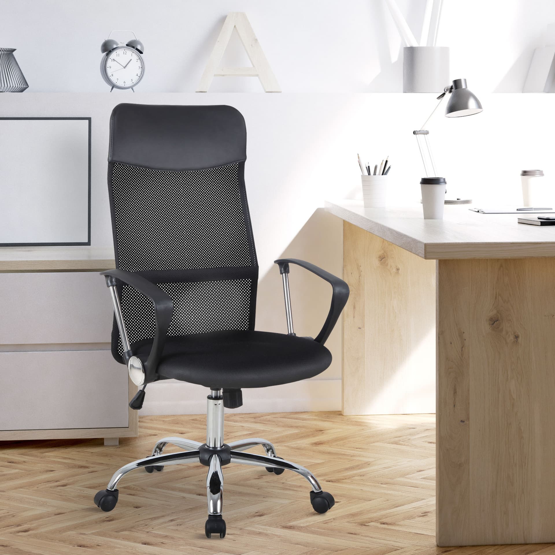 HOMCOM Office Chair High Back Ergonomic Mesh Swivel Computer Executive Desk Armchair Height Adjustable with Wheels, Black - Office Products - Office Furniture