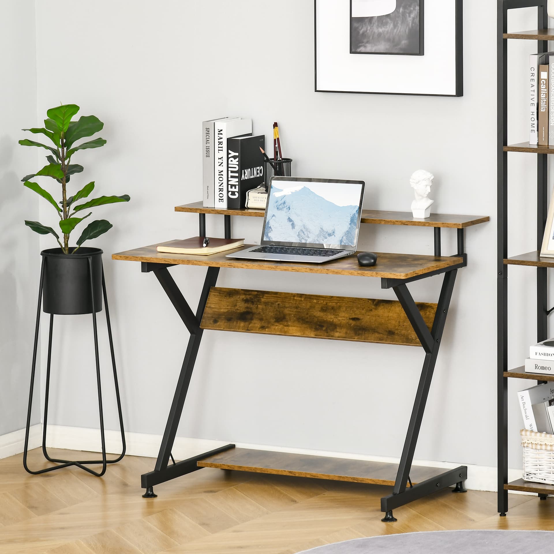 HOMCOM 39" Compact Computer Desk, Industrial Z-Shaped Writing Desk with Monitor Shelf and Storage, Workstation for Home Office - Desks - Office Furniture