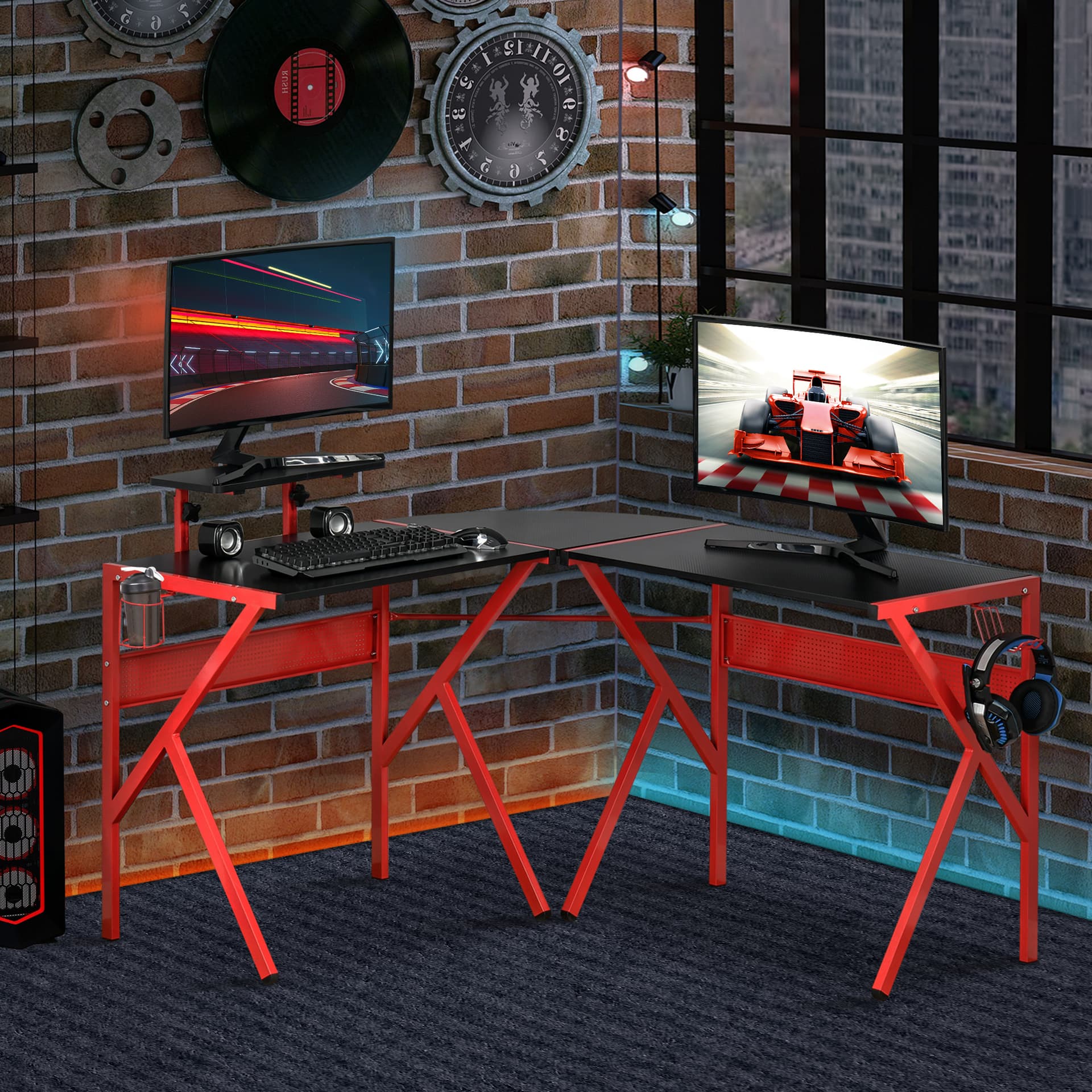 HOMCOM Gaming Desk, L-Shaped Corner Computer Table for Home Office, Workstations with Adjustable Monitor Stand Cup Holder Headphone Hook 49.25" x 49.25" x 29.5" Red - Desks - Office Furniture