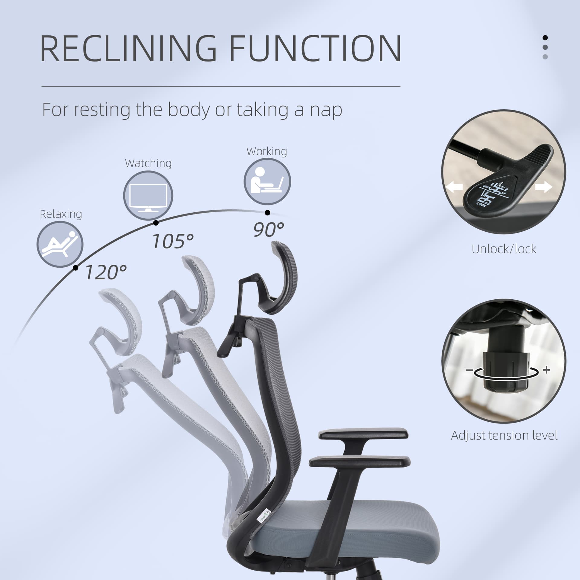 Vinsetto Mesh Office Chair with Lumbar Back Support High Back Swivel Task Chair, Adjustable Height Head Pillow, Blue Grey - Office Chairs - Office Furniture