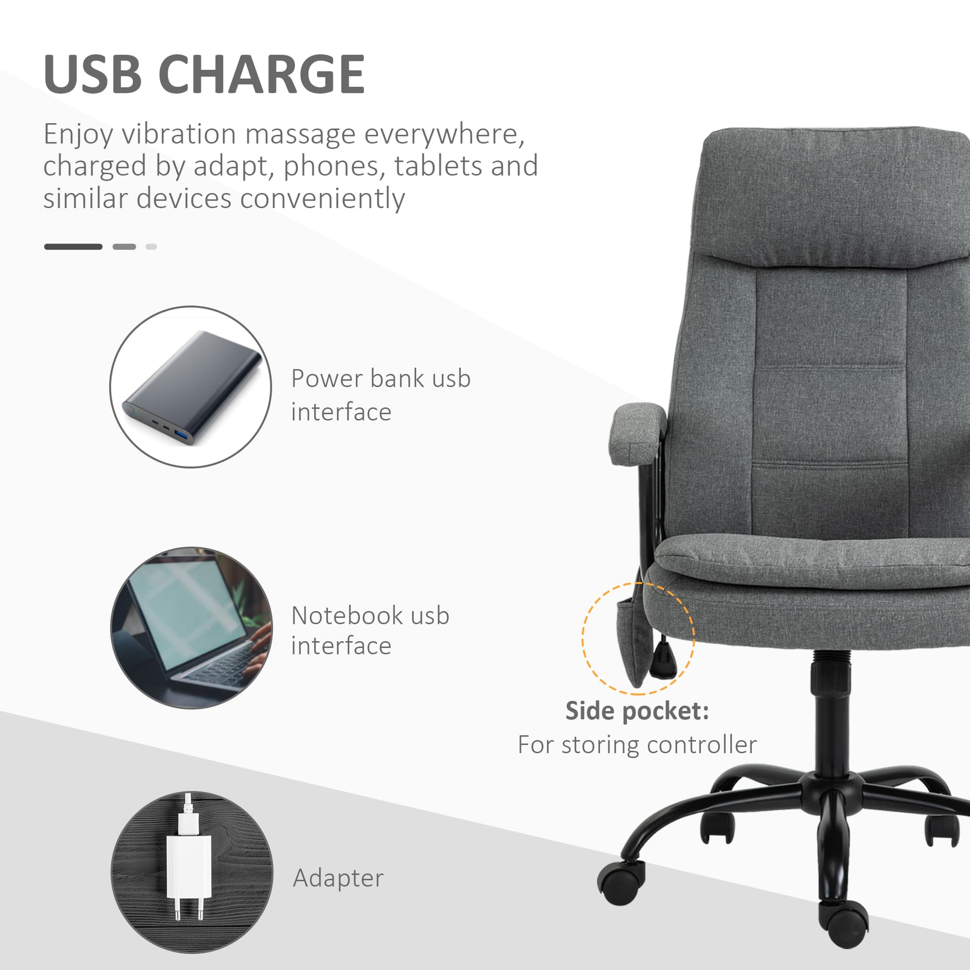 Vinsetto Office Chair 2-Point Massage Executive Ergonomic USB Power Adjustable Height 360° Swivel Grey - Office Chairs - Office Furniture