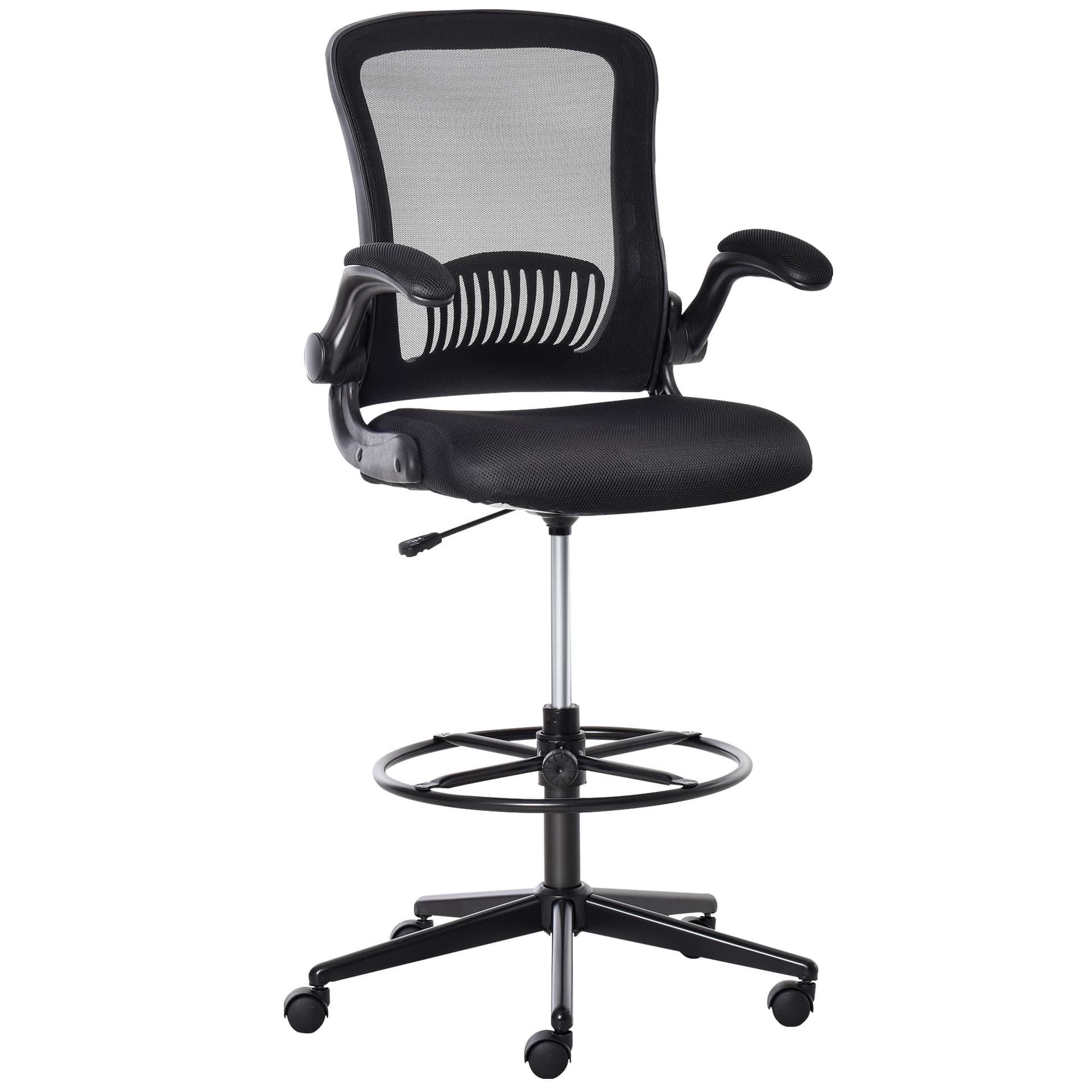 Vinsetto Tall Drafting Desk Chair Office Mesh Standing Chair with Foot Ring, Flip-up Arm, 360° Swivel Wheels, Black - Desks - Office Furniture